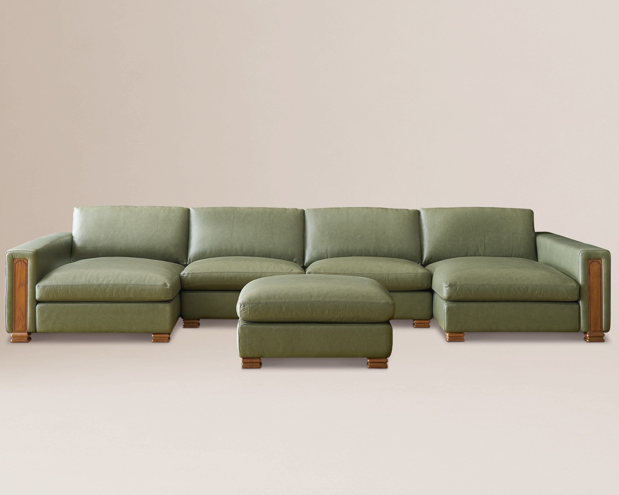 Tan France Kagan Leather 4-Piece U-Shape Sectional Sofa with Ottoman 3