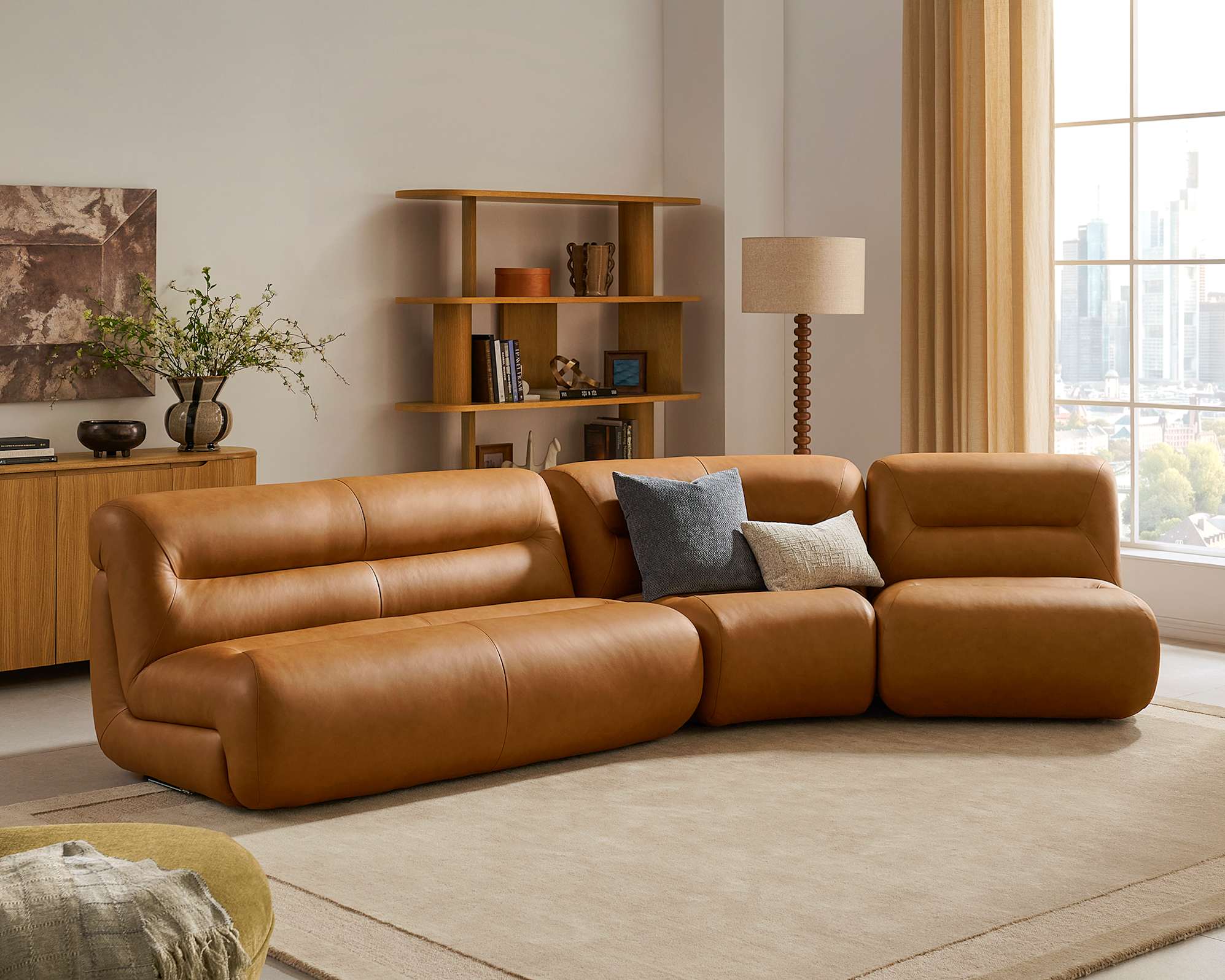 Tovi Leather Angled Chaise Sofa with Footstool 3