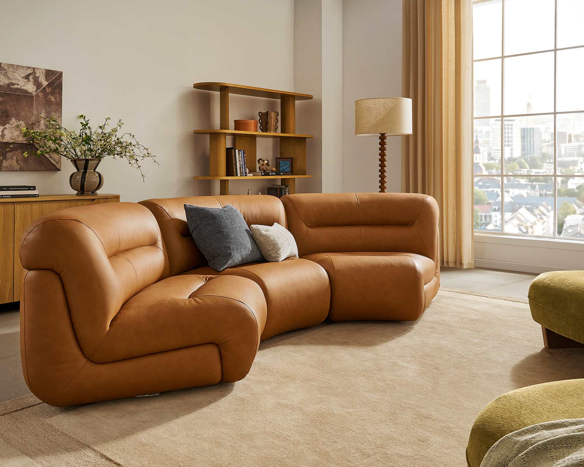 Tovi Leather Curve 3 Seater Sofa with Footstool 3