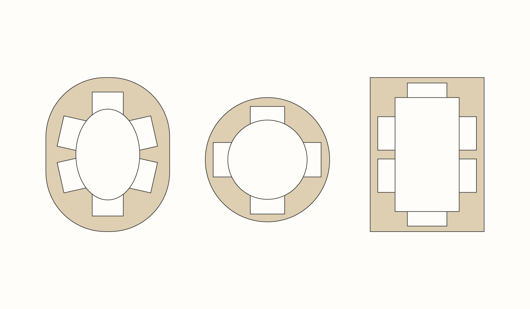 An illustration showing a round, oval, and rectangular dining table. 