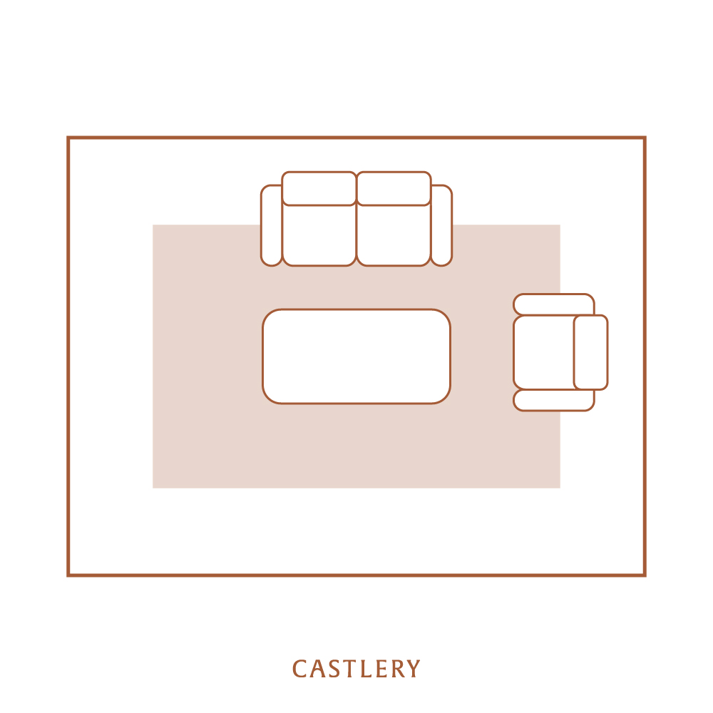 An illustration of a rectangular rug placed beneath a coffee table, sofa, and armchair in a long, narrow living room.