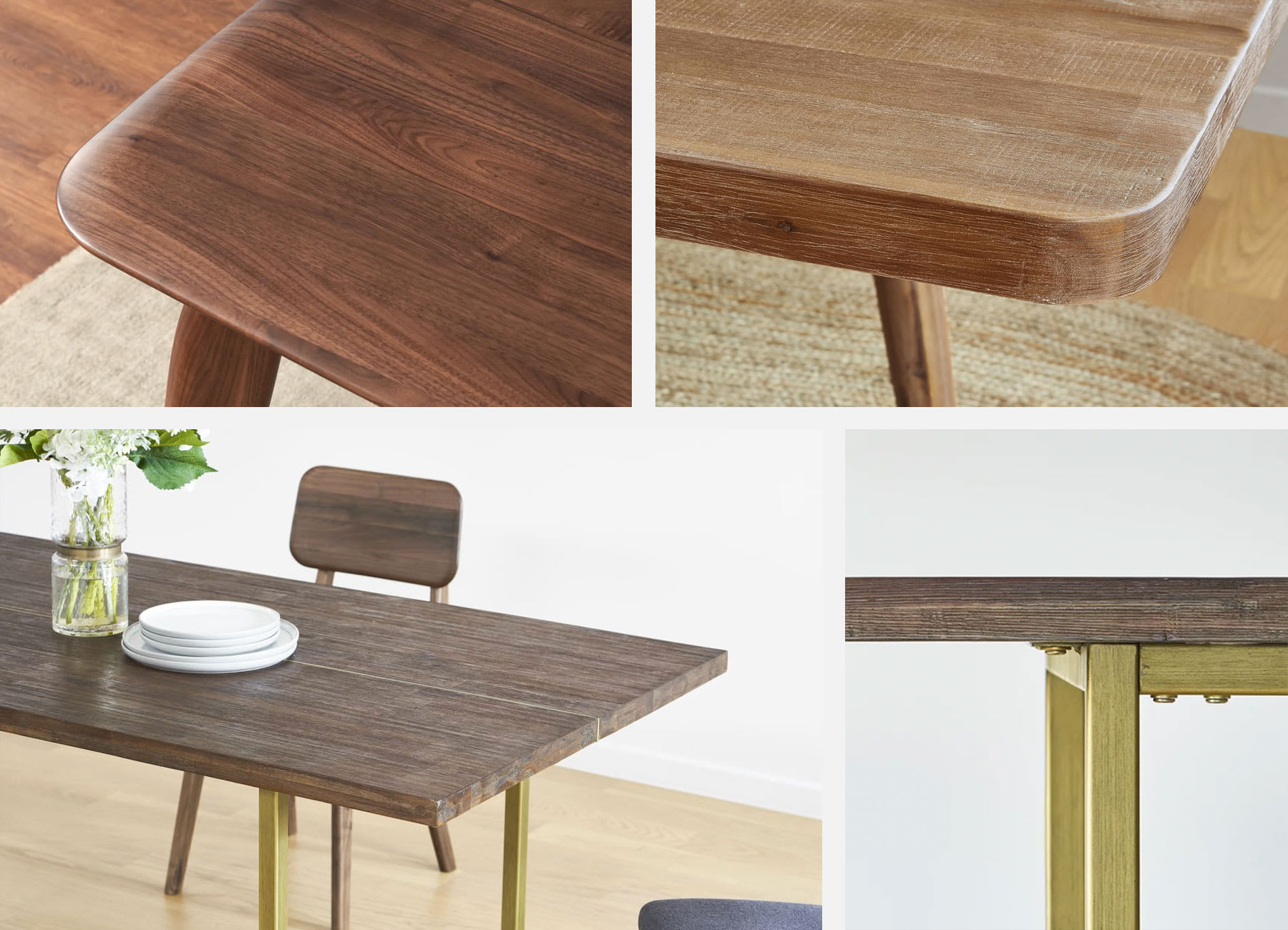 wooden dining table closeups with brass legs, rounded corners and rectangular ones