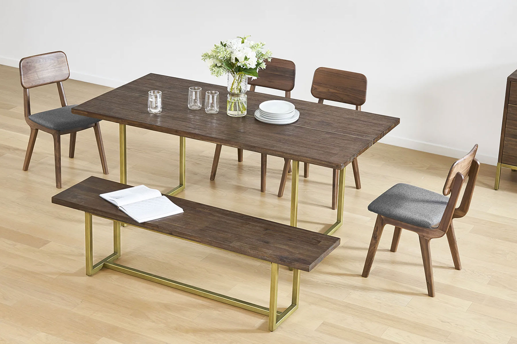 wood dining set with dining table, bench and chairs