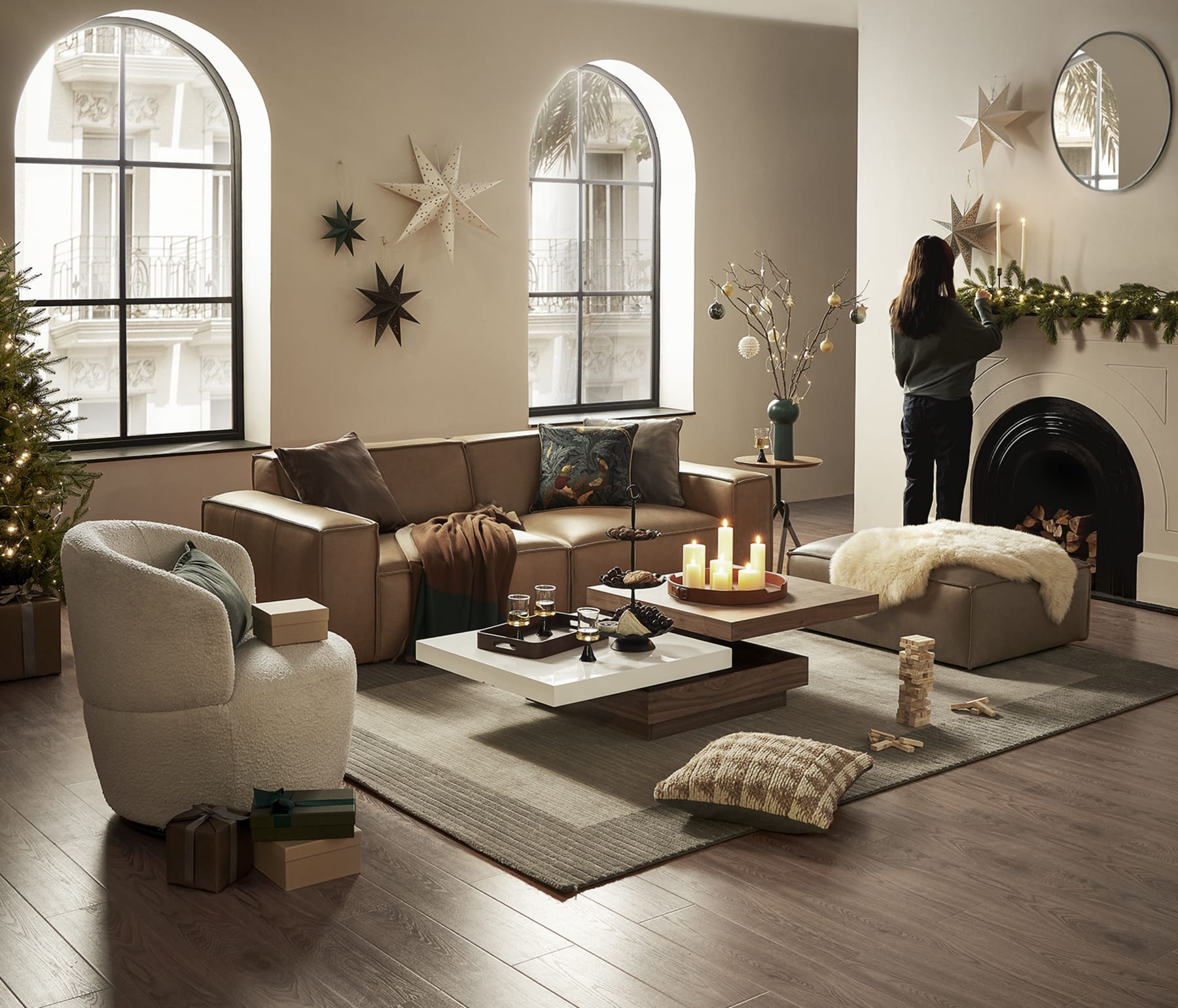 A living room with Christmas decor.