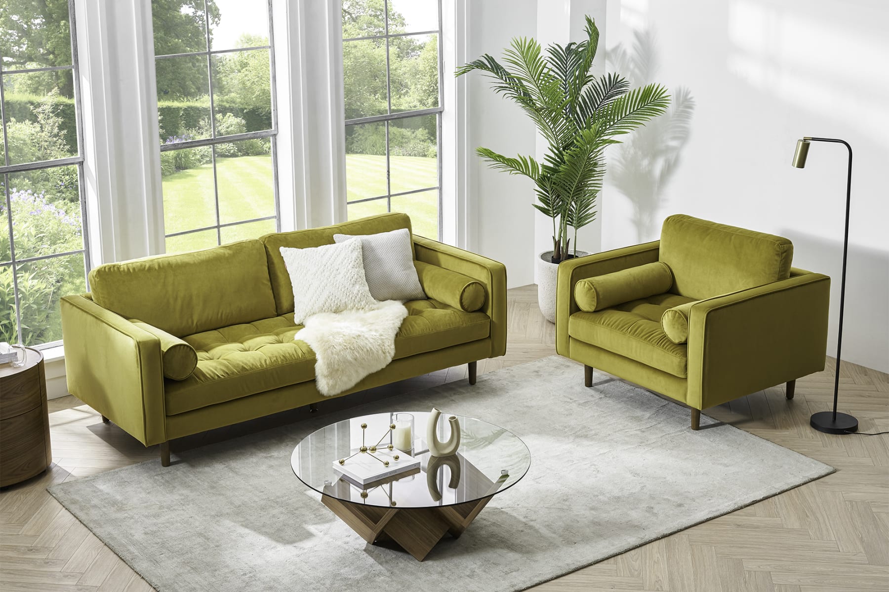 Mid-century gold colored 3-seater sofa in a living room