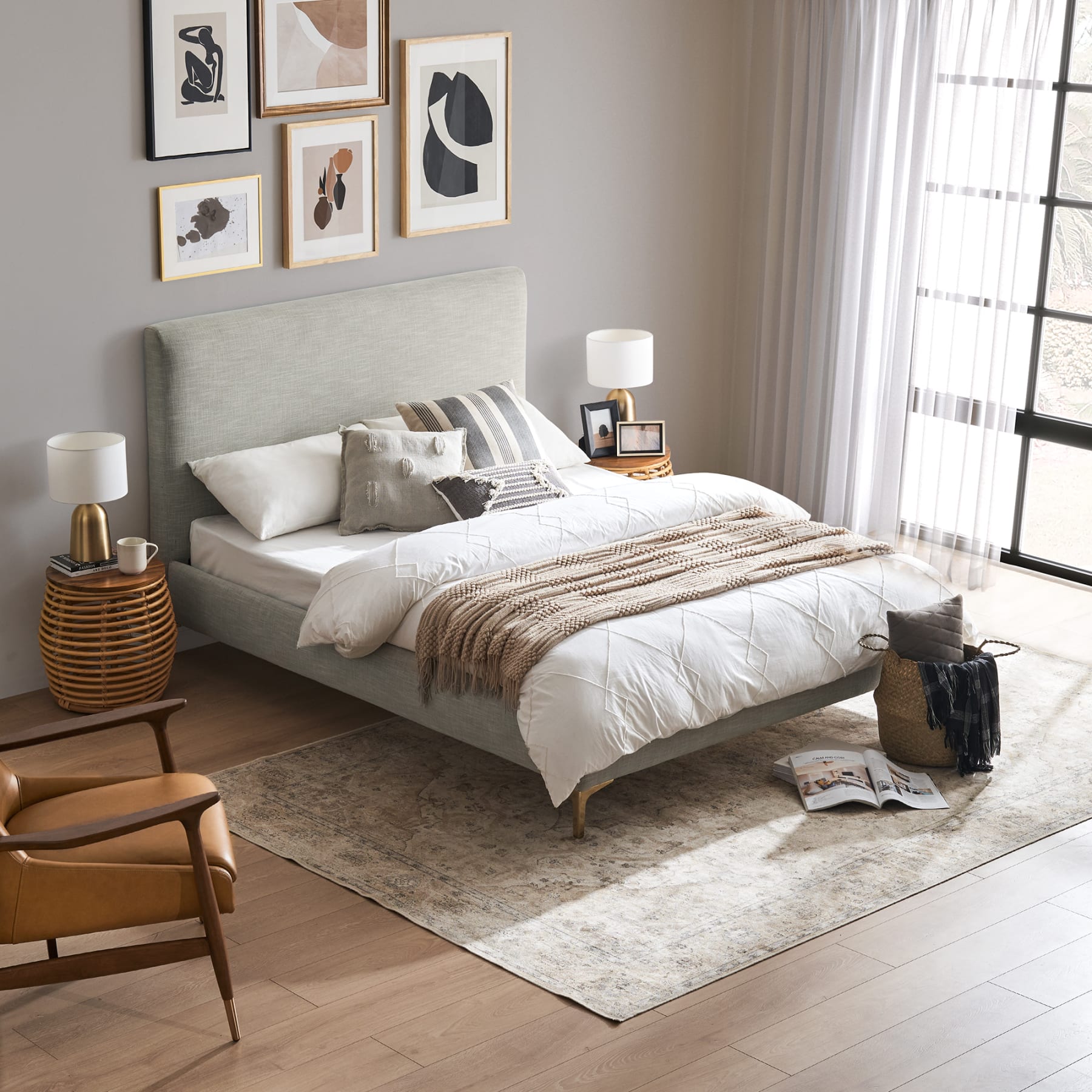 Modern bed frame with grey headboard and upholstery