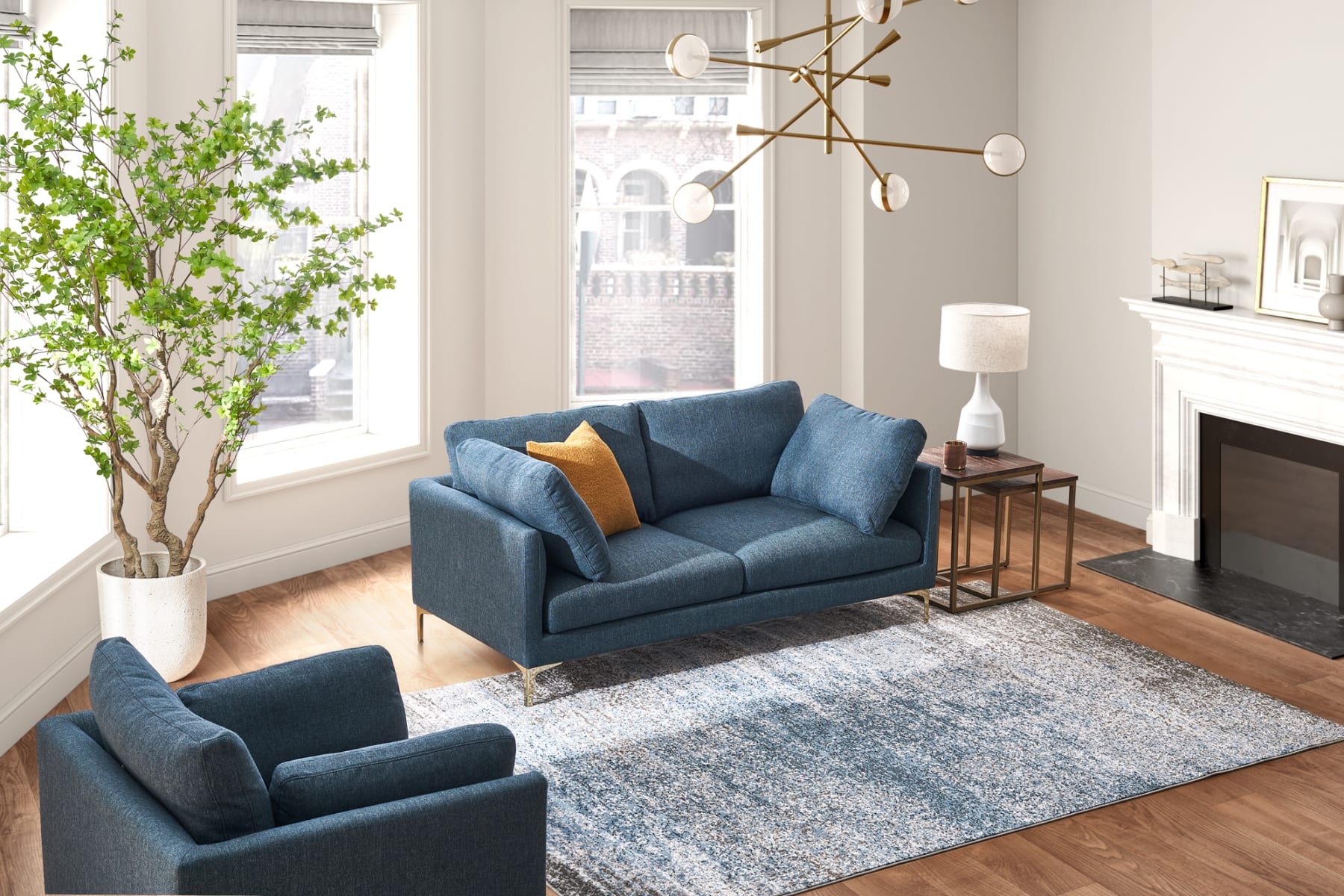 Modern dark blue sofa with yellow cushions