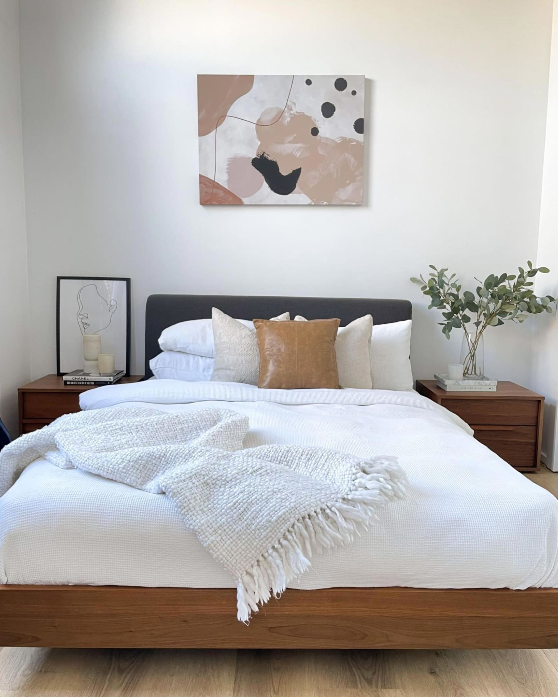 Wooden bed frame in a modern contemporary living room