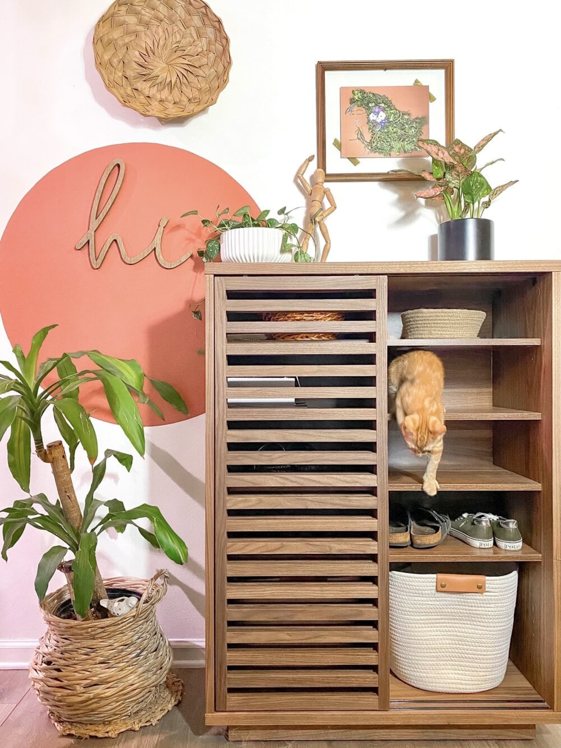 A cabinet decorated with plants storing pairs of shoes and a cat playfully hiding.