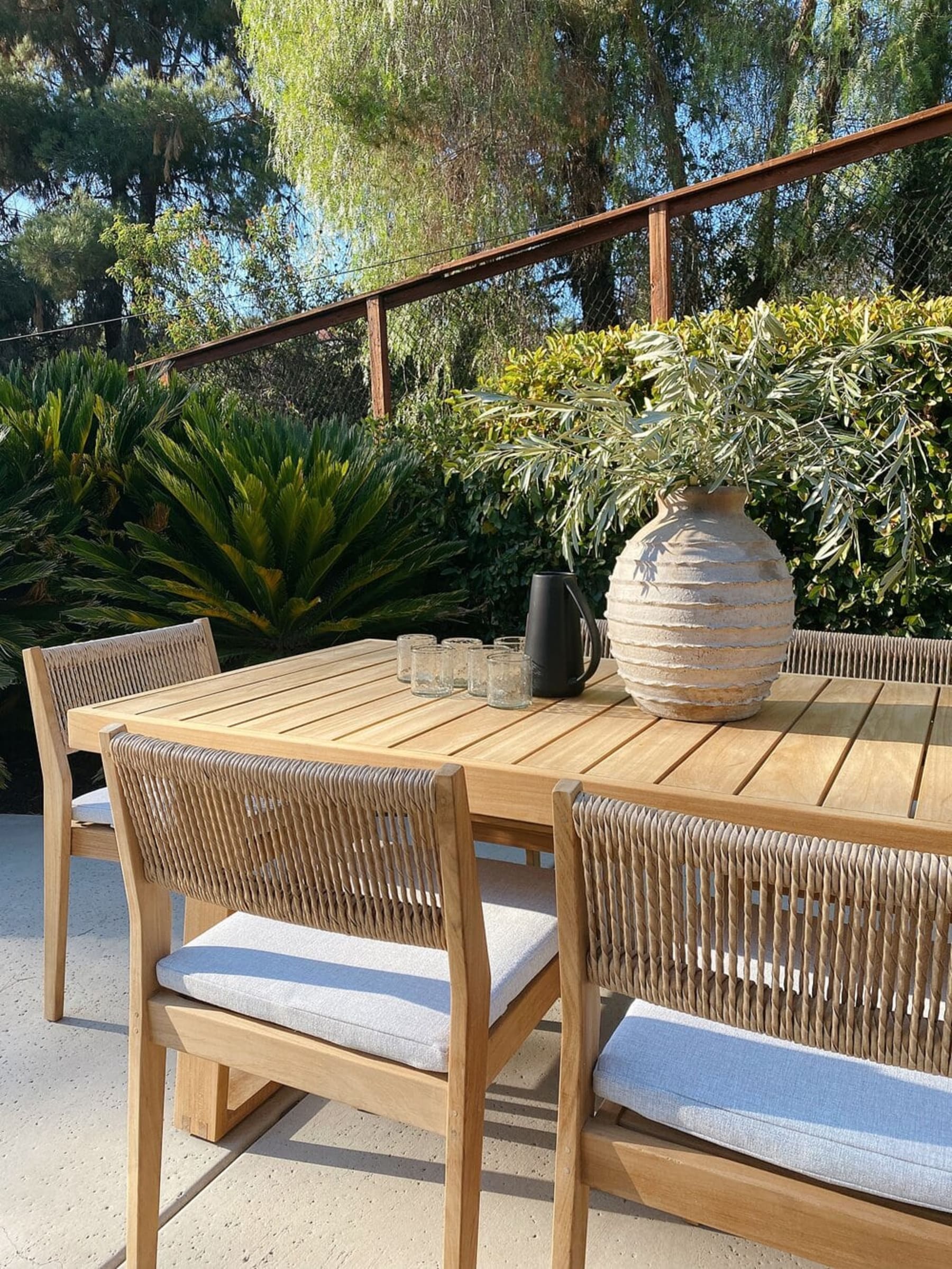 A teak dining table and chairs with glass cups, a water jug, and a potted plant atop.