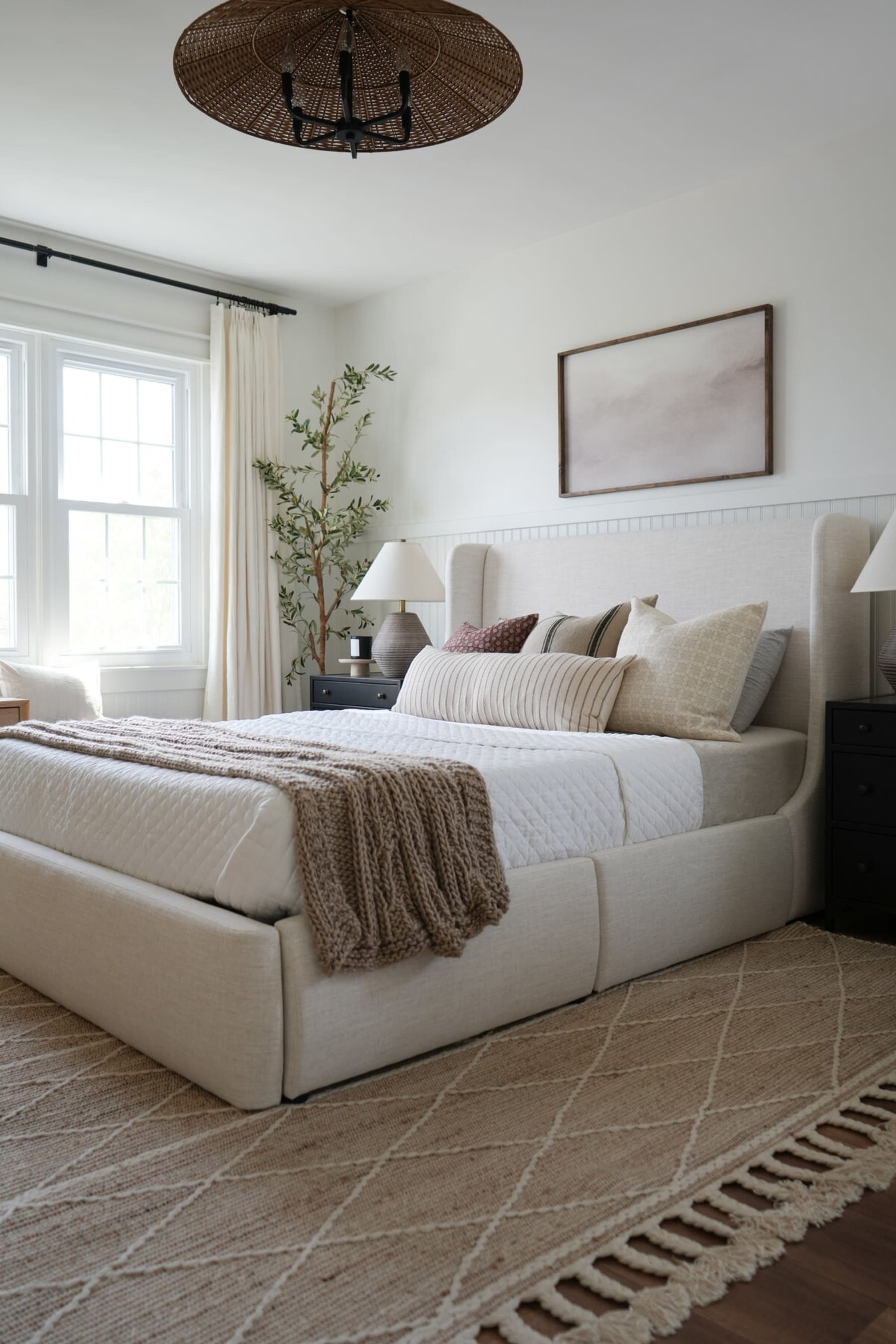 A wooden-framed mirror is placed beside a bed.