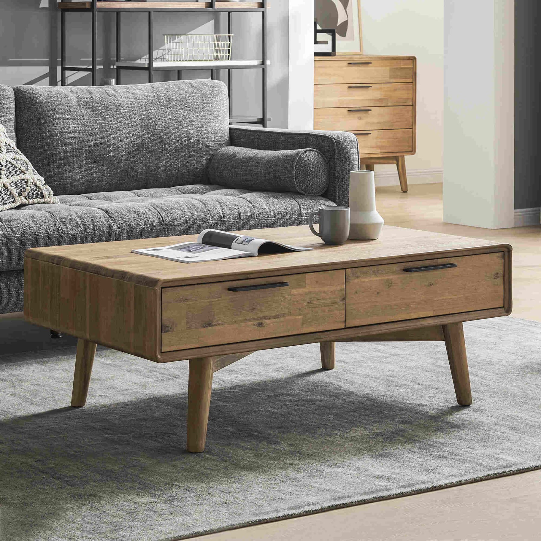 Wooden rustic style coffee table with two drawers