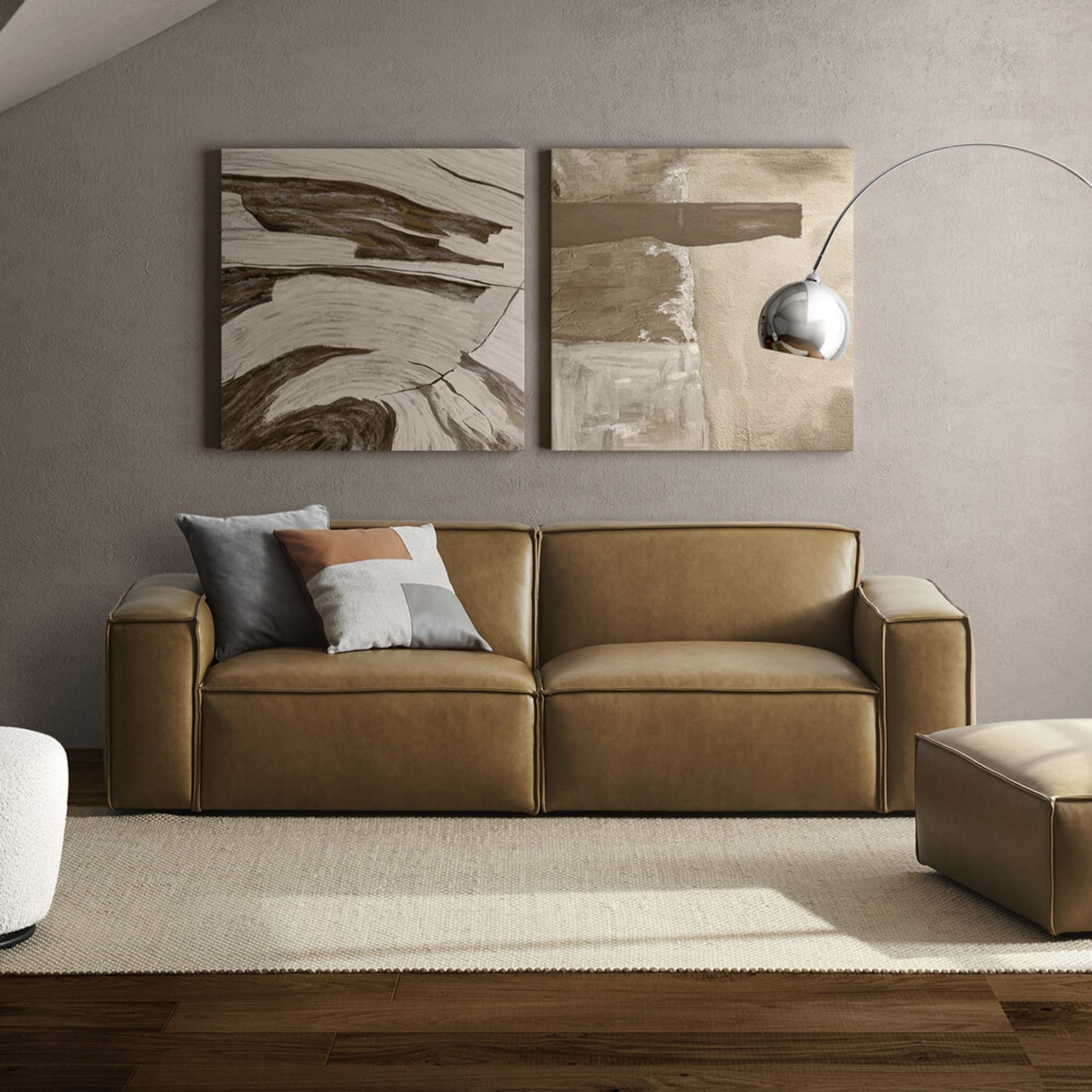 Low-profile leather sofa with wide arms