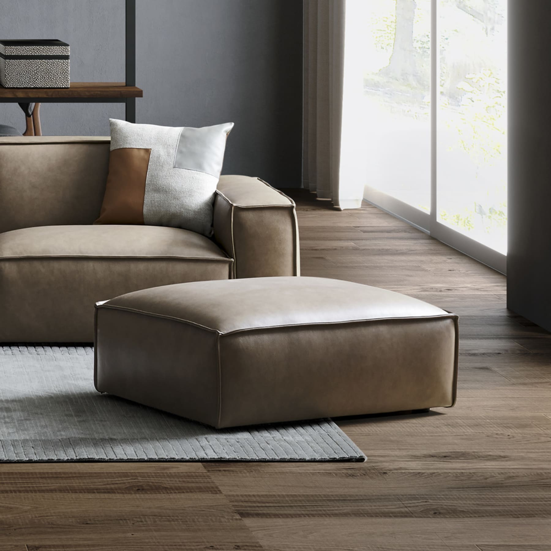 Leather ottoman on wooden floors