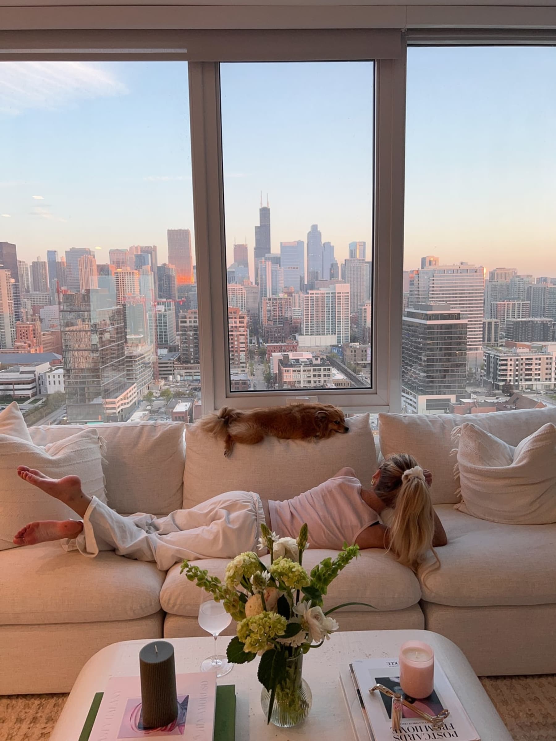 A person and their dog lounging on a sofa.