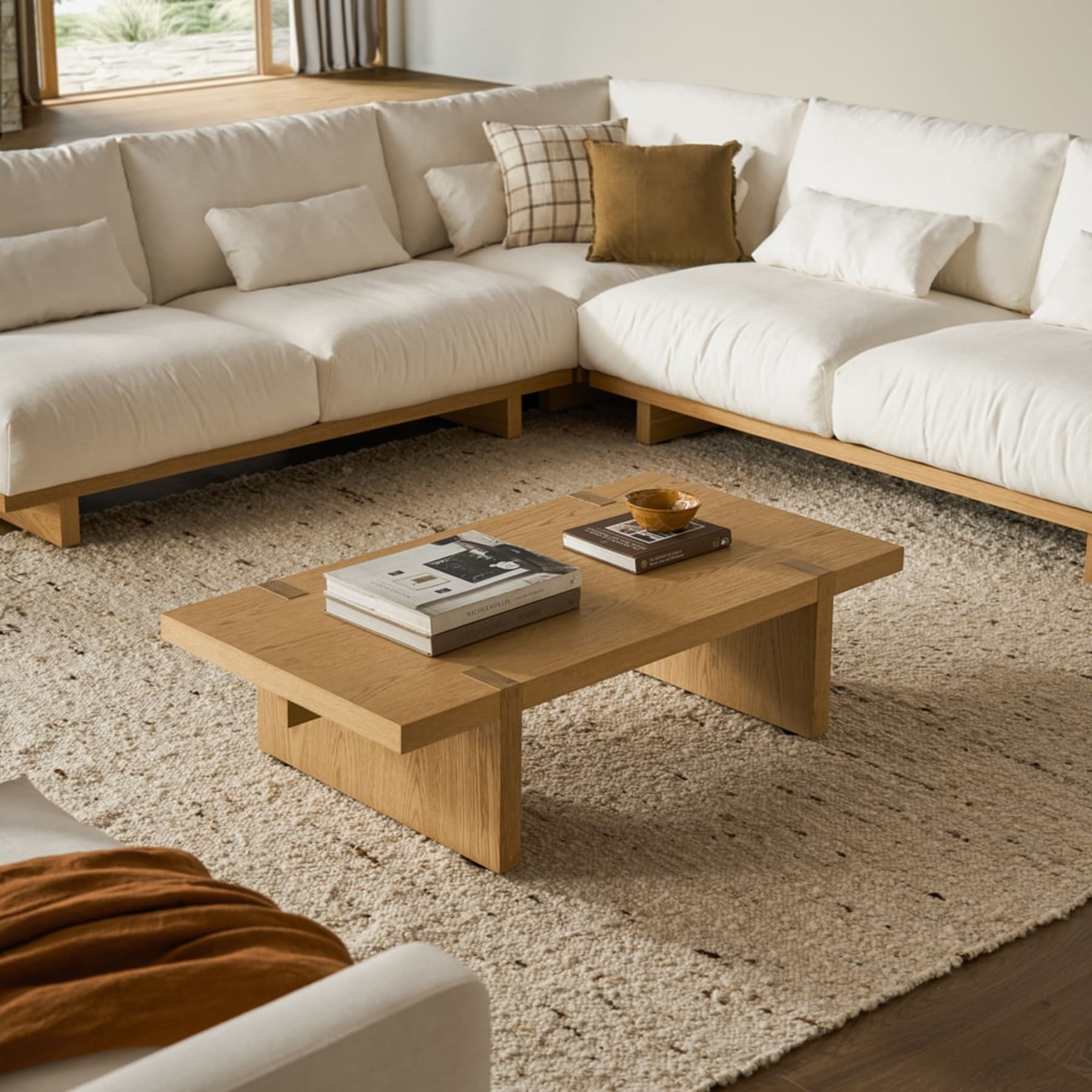 A coffee table with slabbed legs and lap joint details.