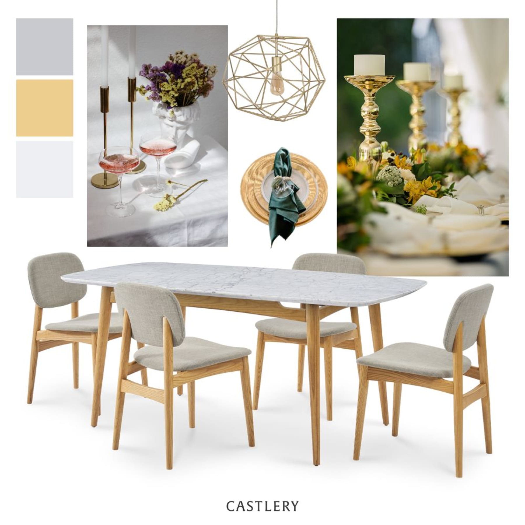 A mood board in a sleek and minimalist tablescape theme.