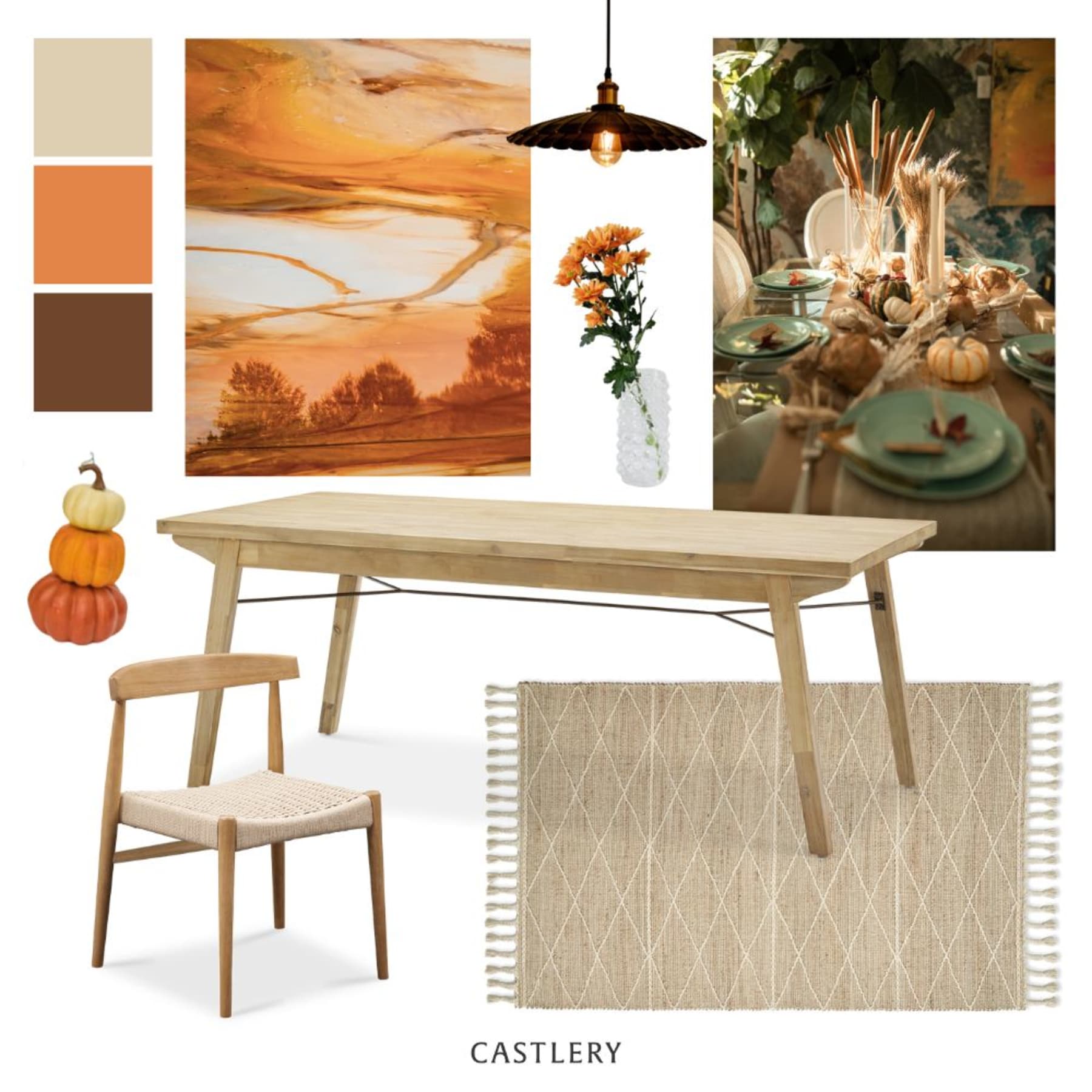 A mood board in an autumnal bounty tablescape theme.