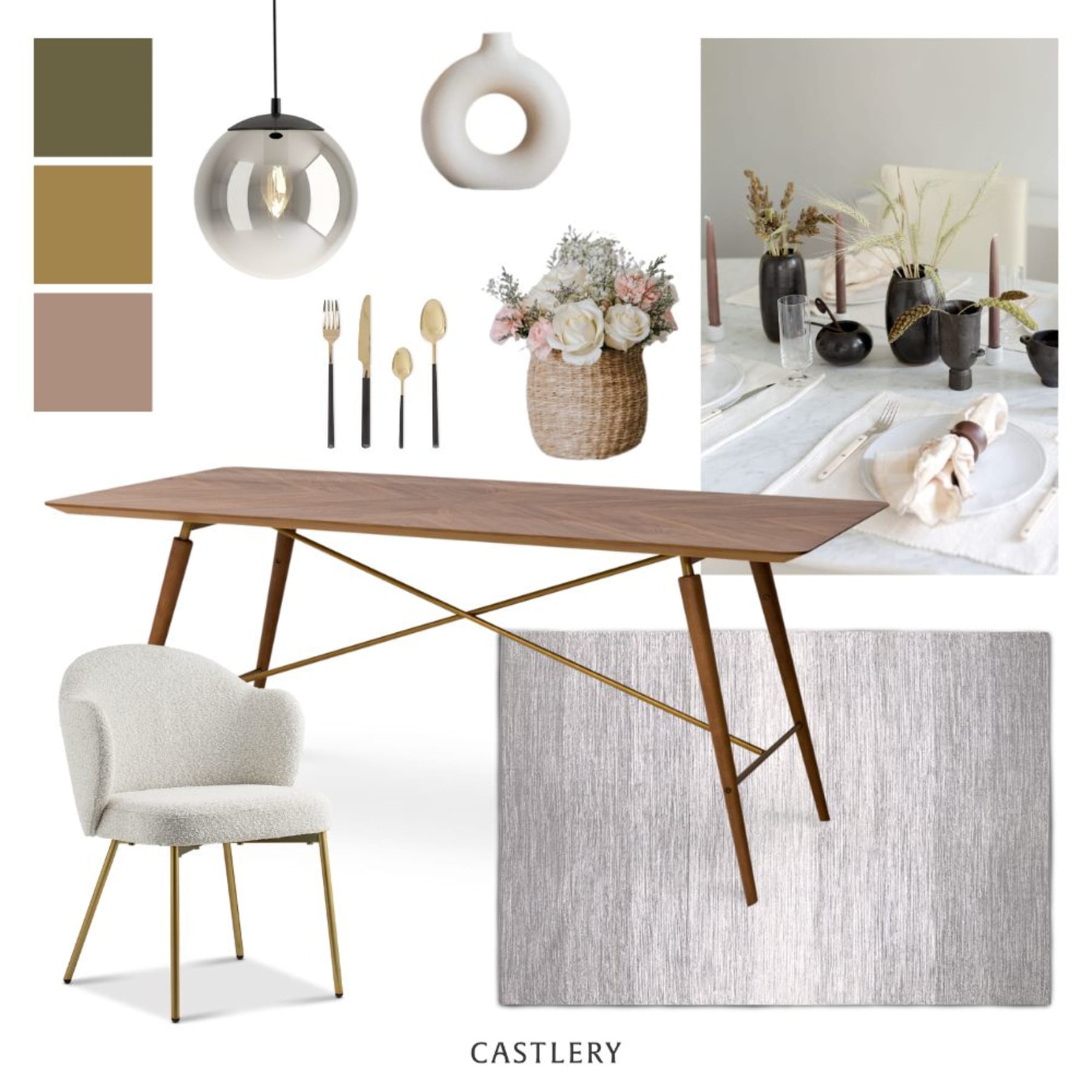 A mood board in a sleek and minimalist tablescape theme.