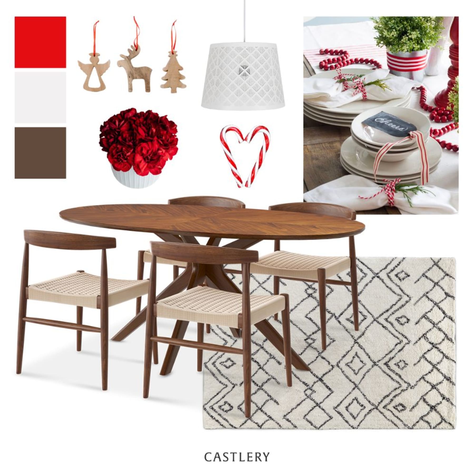 A mood board with a candy cane-themed Christmas tablescape.