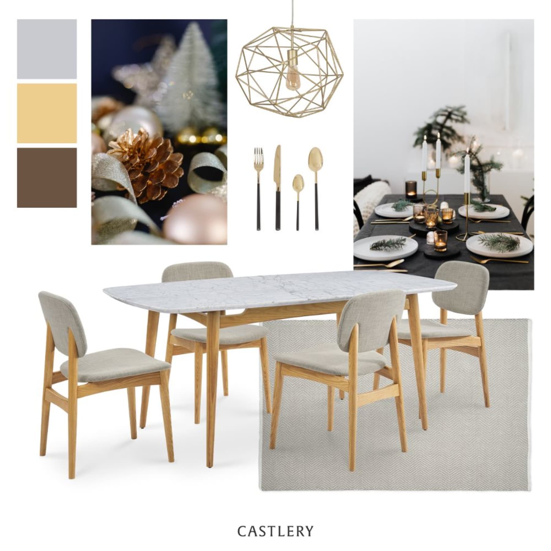 A mood board with a metal and gold Christmas tablescape theme.