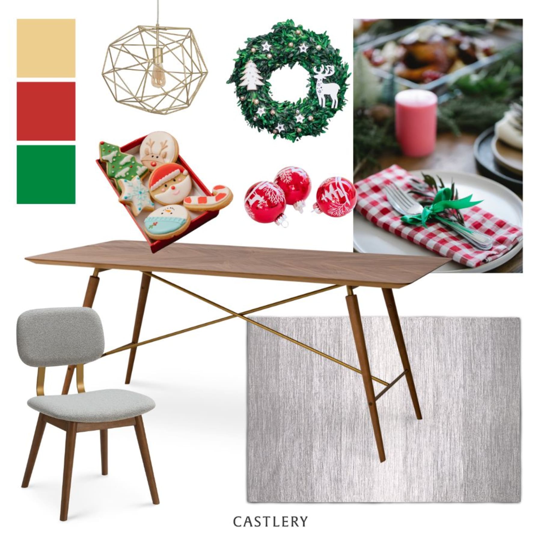 A mood board with a modern farmhouse Christmas tablescape theme.