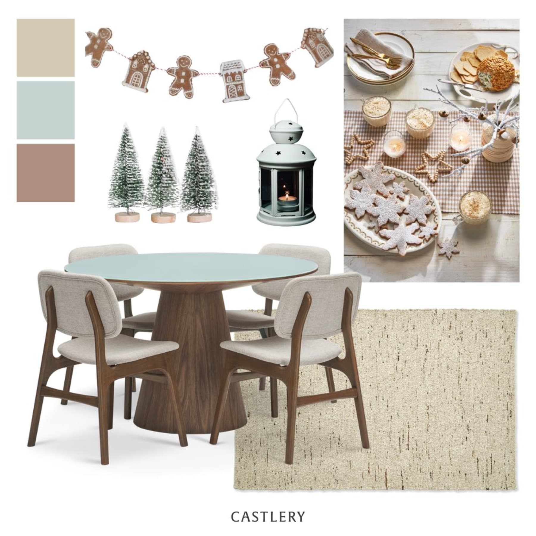 A mood board with a wooded Winterland Christmas tablescape theme.