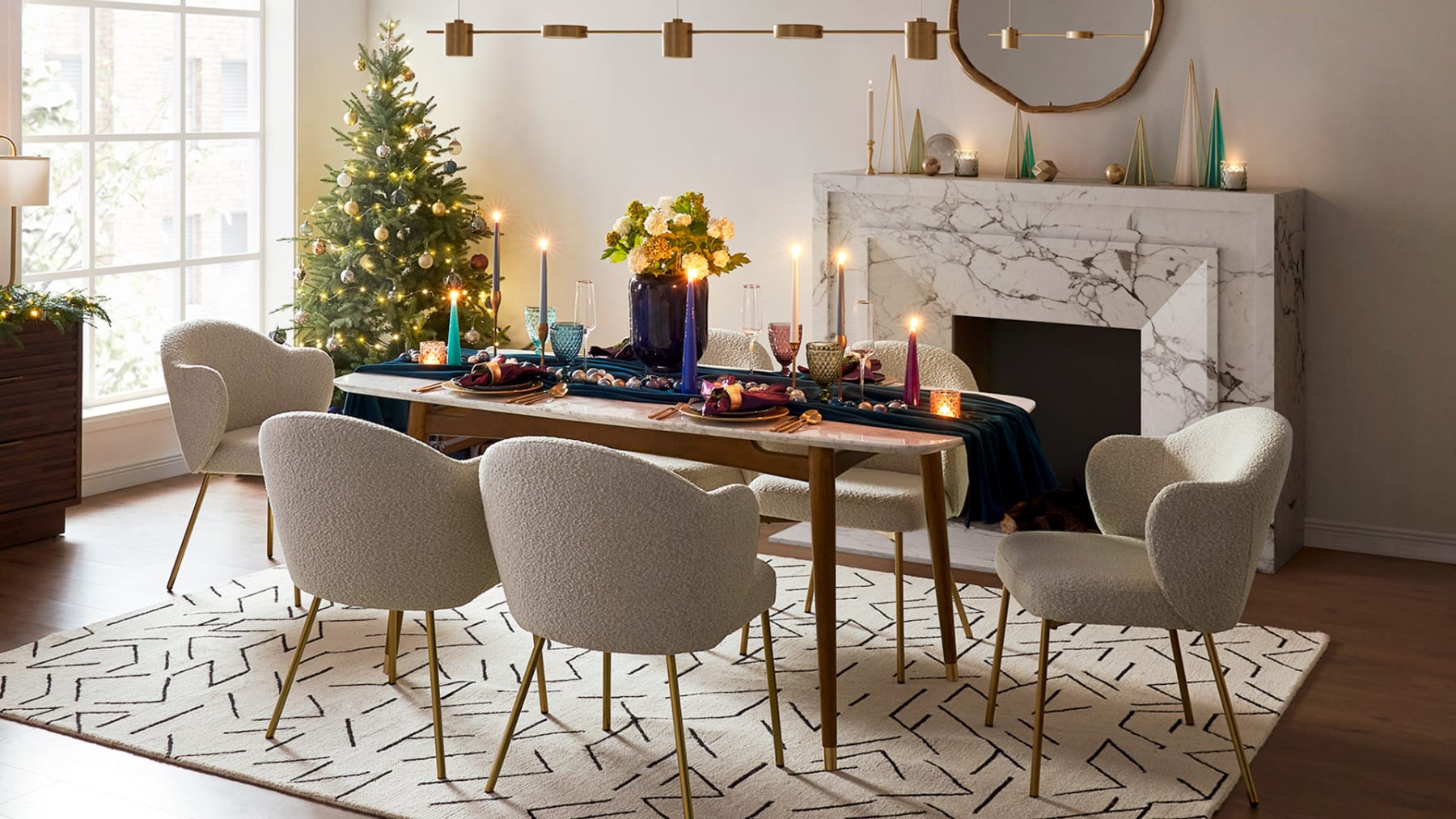 A marble dining table with Christmas table decor.