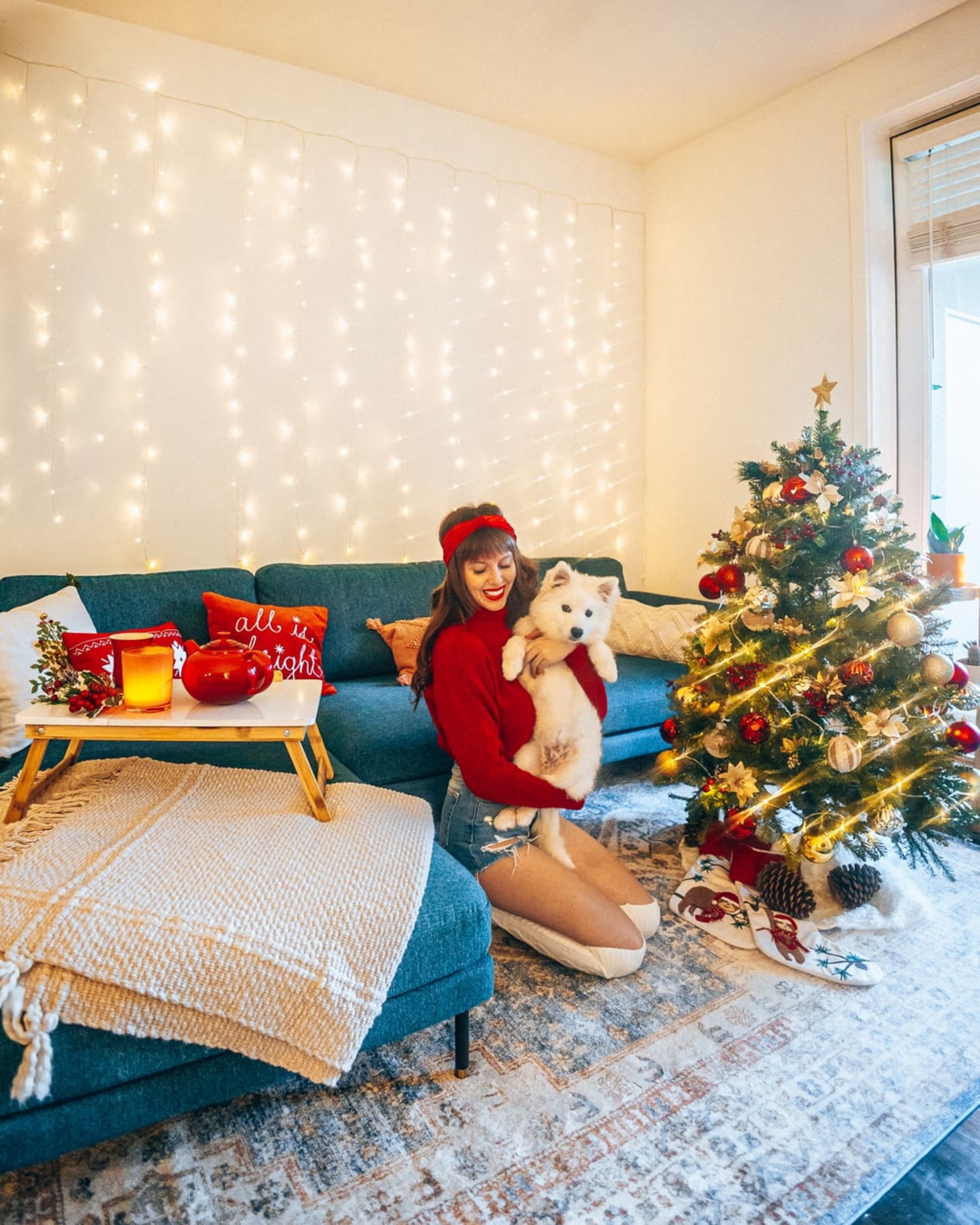 A person kneeling on the floor carrying their dog beside a Christmas tree and a blue sectional sofa.