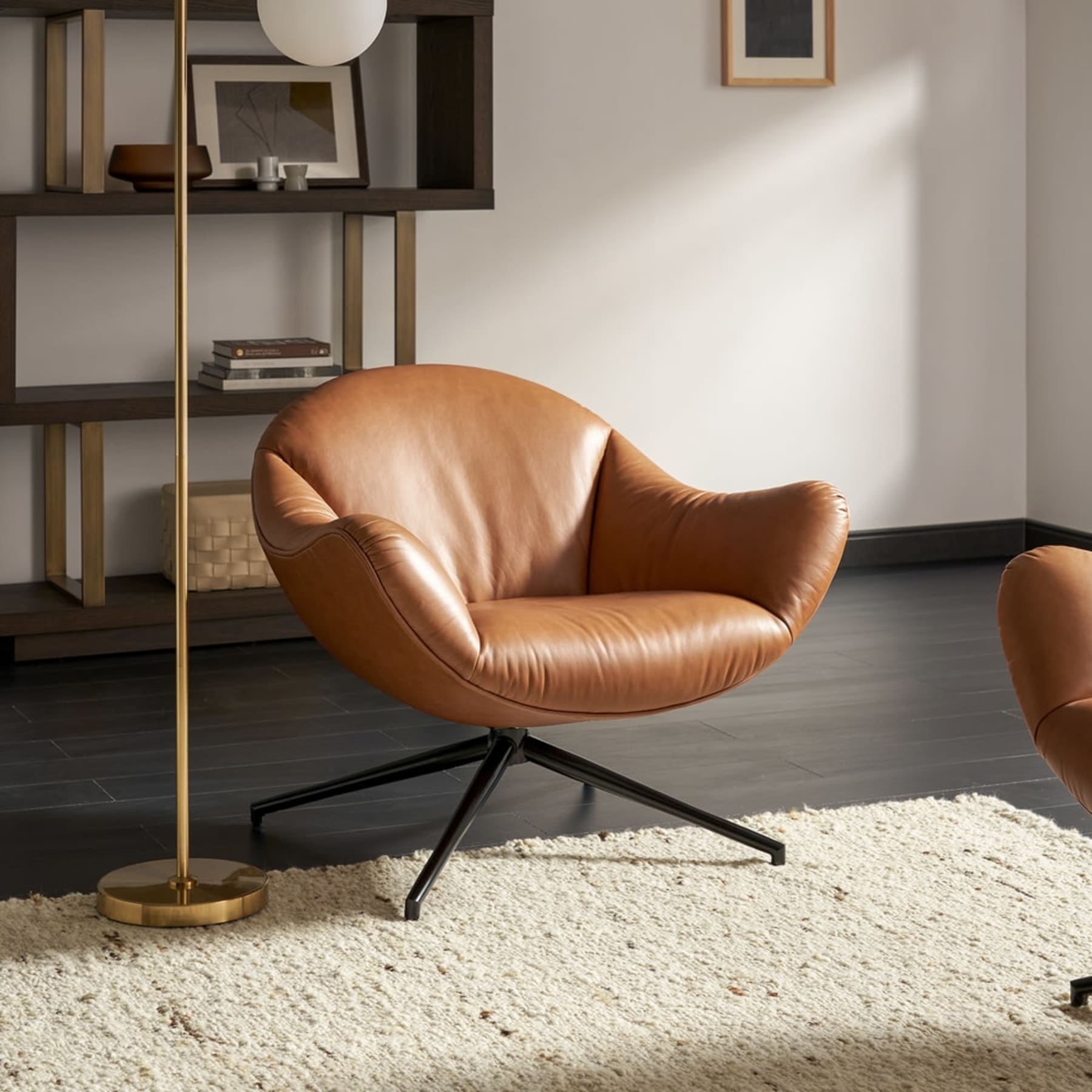 A leather swivel armchair and a floor lamp.