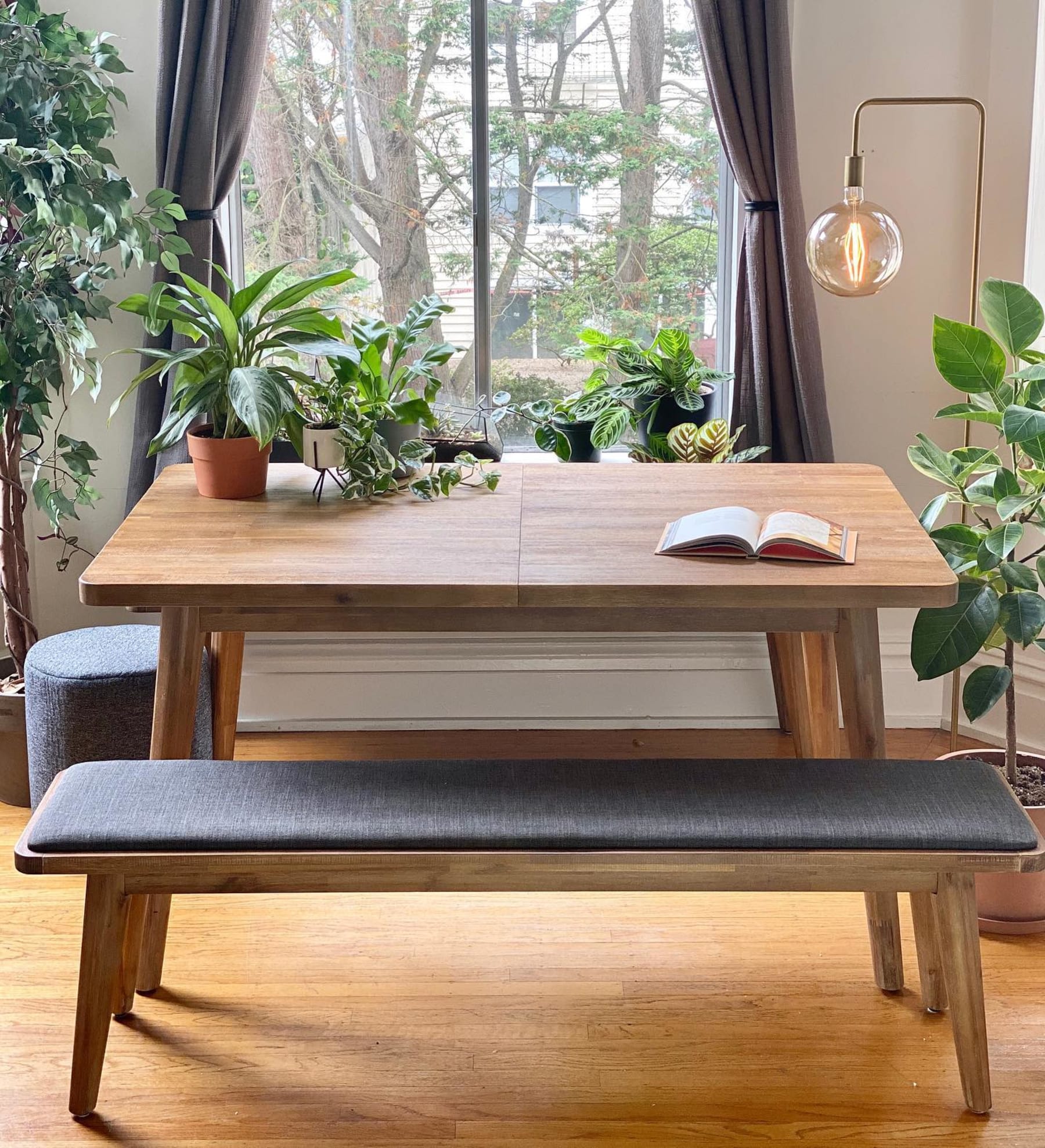 A wooden dining table and matching dining bench surrounded by potted plants.