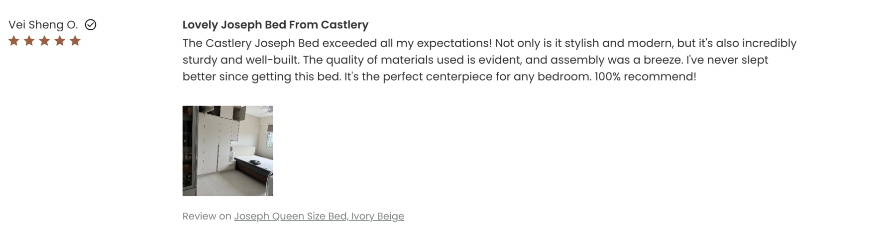 A 5-star review on the Joseph Queen Size Bed in Ivory Beige