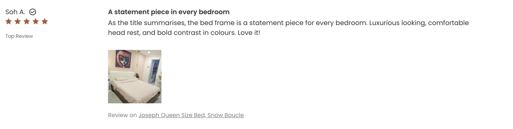 A 5-star review on the Joseph Queen Size Bouclé Bed