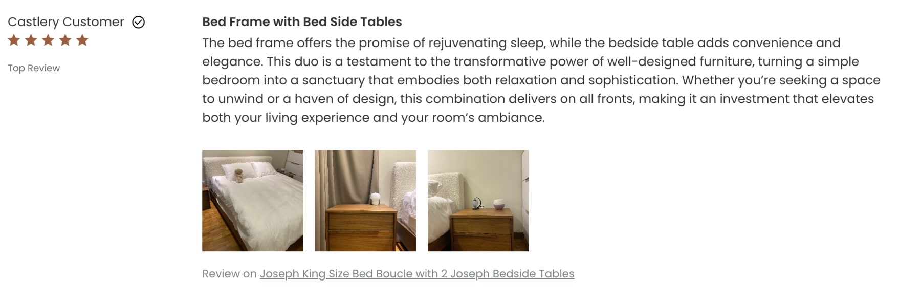 A 5-star review on the Joseph King Size Bouclé Bed with two bedside tables.