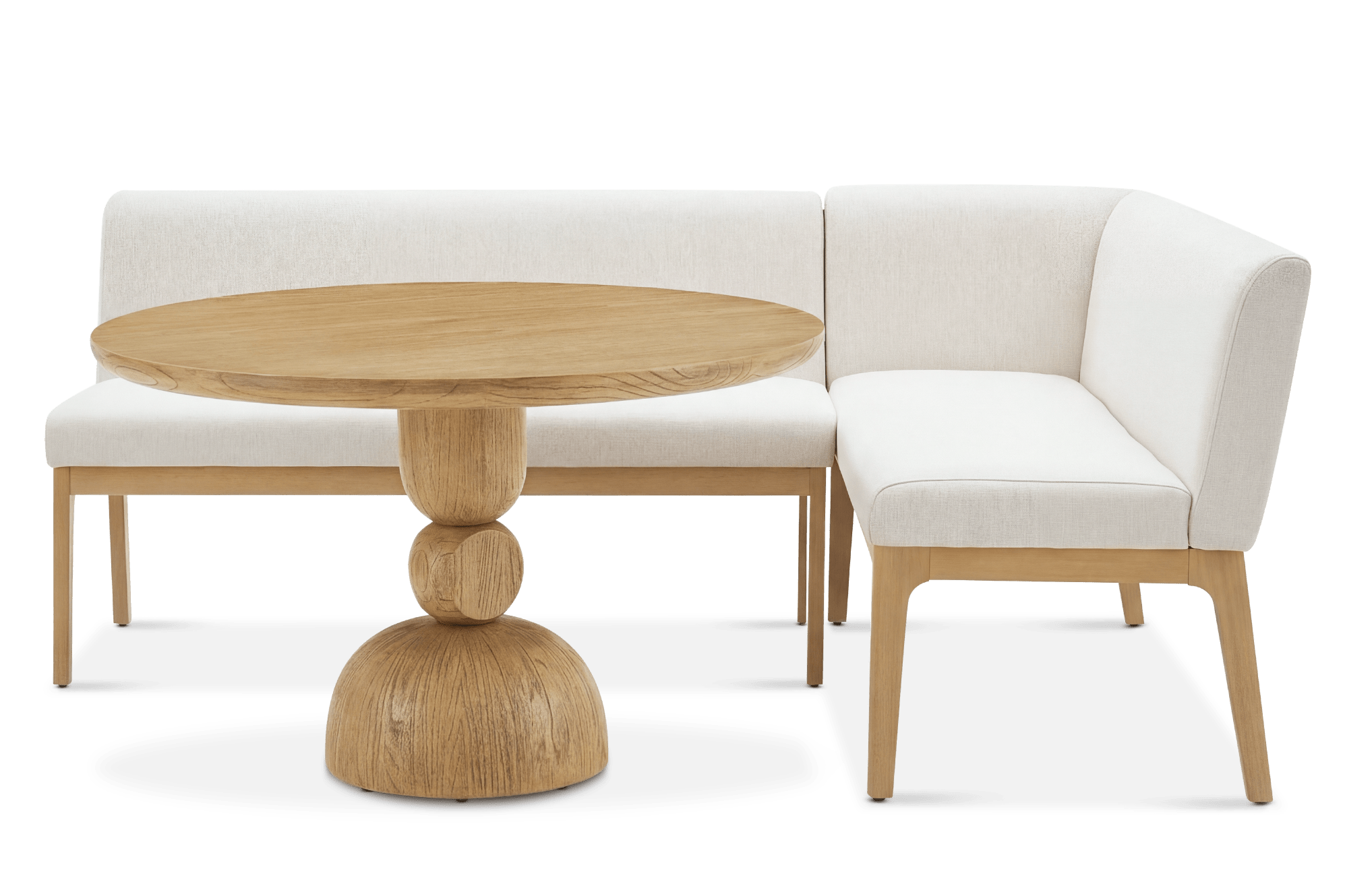 Brooke Round Dining Table 120cm with Elliot L-Shaped Banquette Right Facing, (Performance Mixed-Yarn Chenille) Cream (Blonde Oak)
