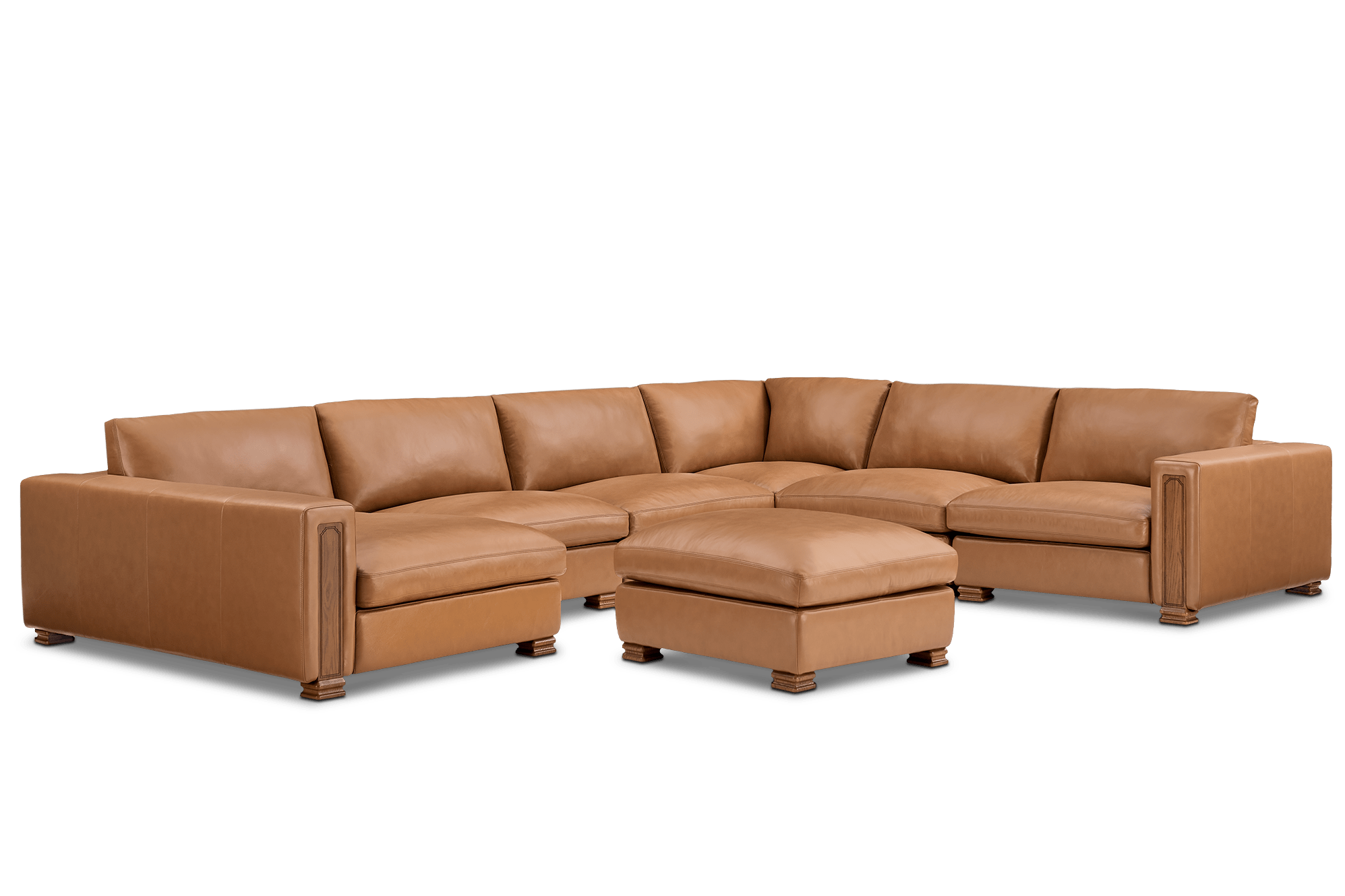 Tan France Kagan Leather 6-Piece L-Shape Sectional Couch with Ottoman & Left Chaise, (Marche) Cocoa