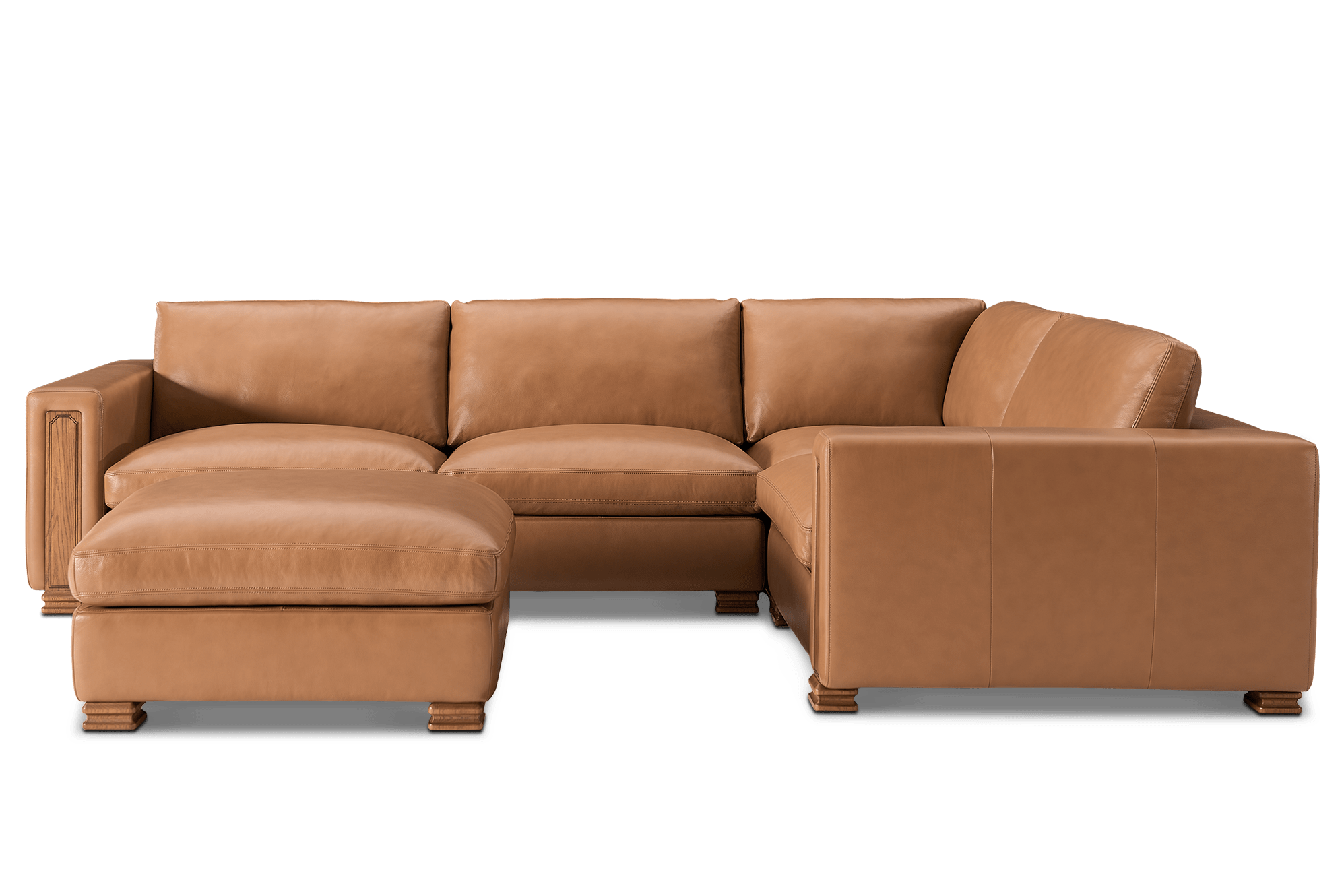 Tan France Kagan Leather 4-Piece Chaise Sectional Couch with Ottoman, (Marche) Cocoa