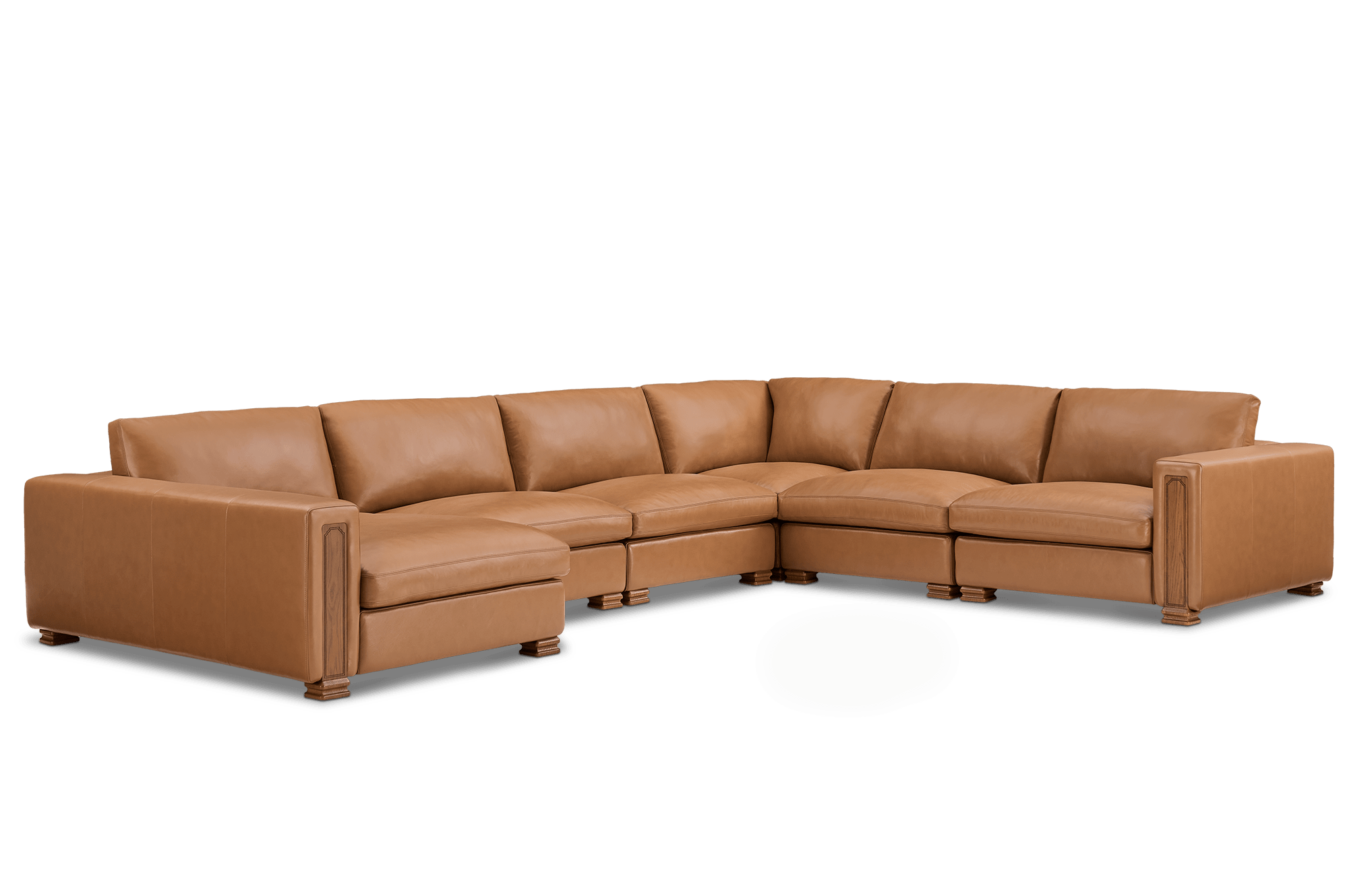 Tan France Kagan Leather 6-Piece L-Shape Sectional Sofa with Left Chaise, (Marche) Cocoa