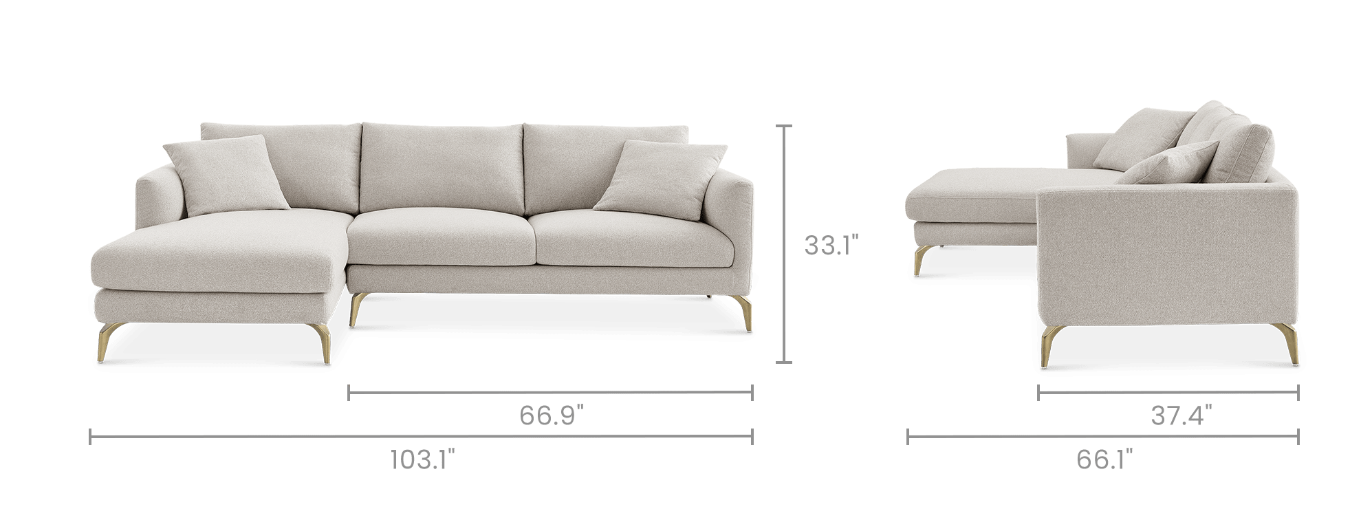 dimension of Lena Performance Fabric Chaise Sectional Couch
