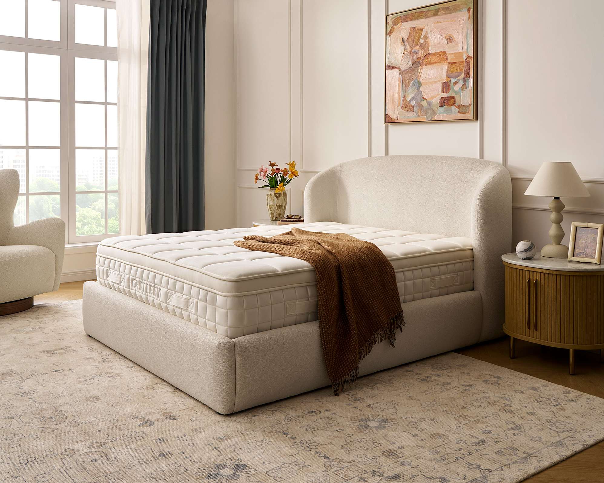 Auburn Queen Size Storage Bed with Ayrie Comfort Mattress Set, (Performance Cambria Bouclé) Chalk