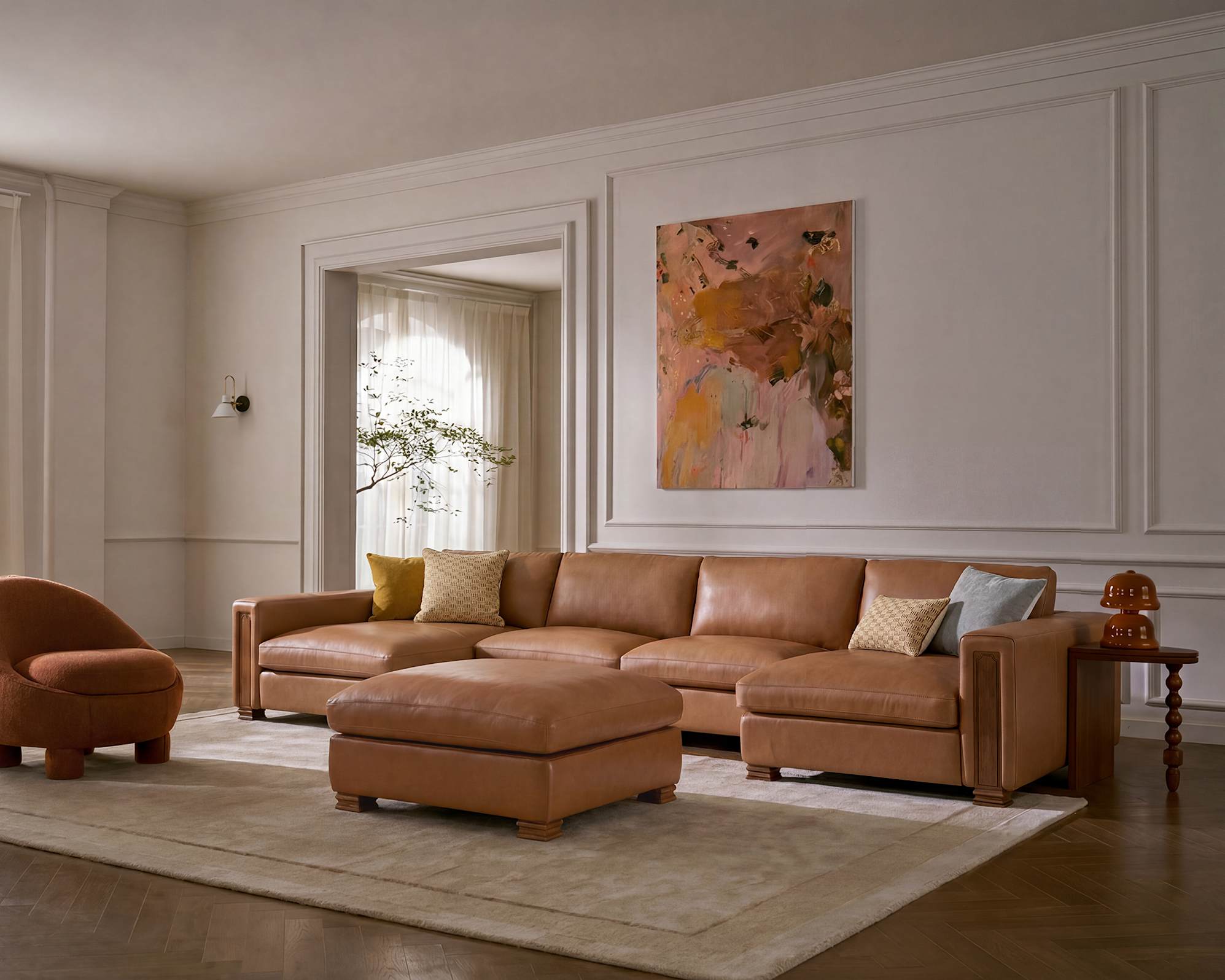 Tan France Kagan Leather 4-Piece U-Shaped Sofa with Footstool 0