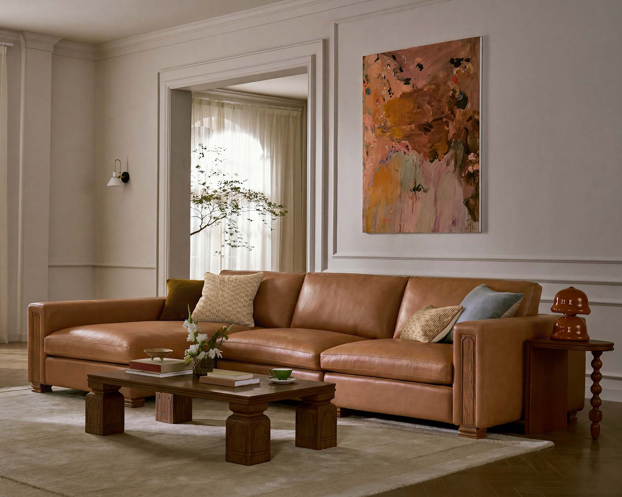 Tan France Kagan Leather 3-Piece Chaise Sofa 0
