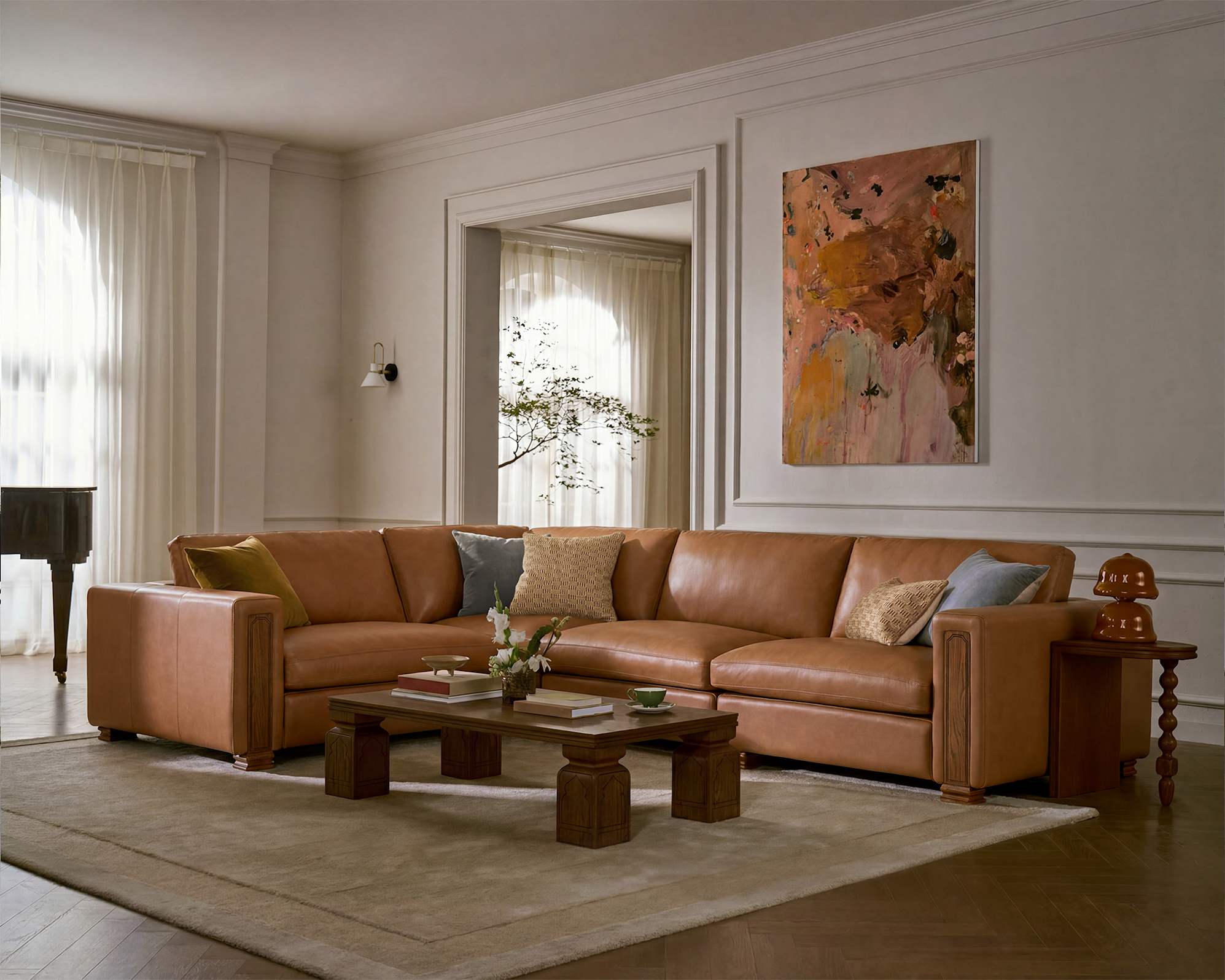 Tan France Kagan Leather 4-Piece Chaise Sofa 0