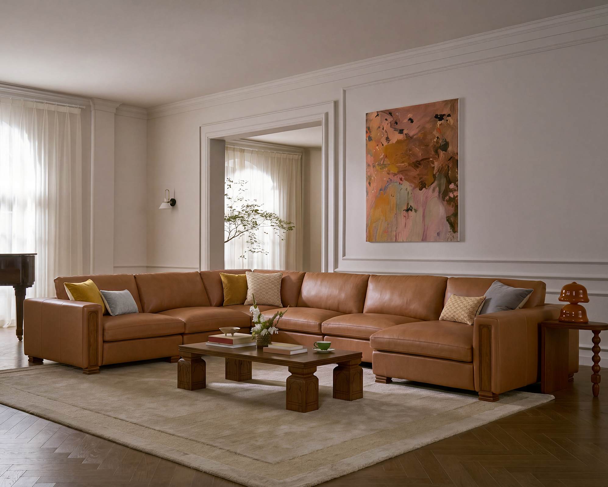 Tan France Kagan Leather 6-Piece L-Shape Sectional Sofa with Right Chaise, (Marche) Cocoa