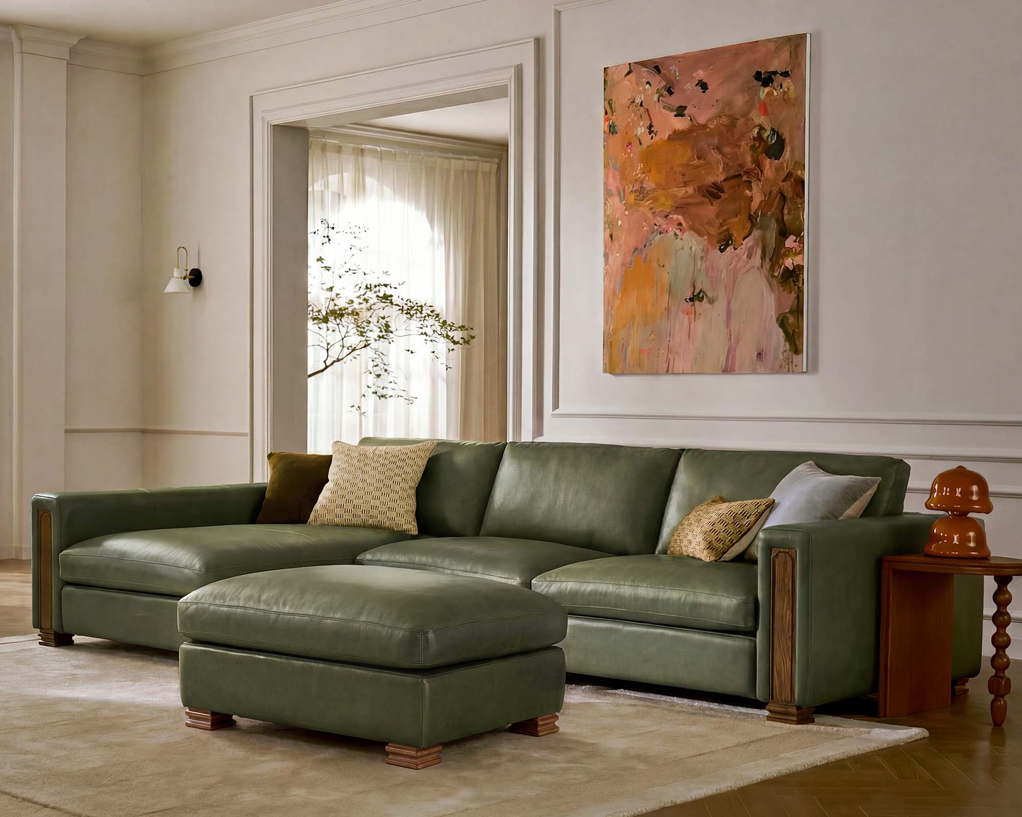 Tan France Kagan Leather 3-Piece Chaise Sectional Sofa Left Facing, (Lugano) Moss lifestyle