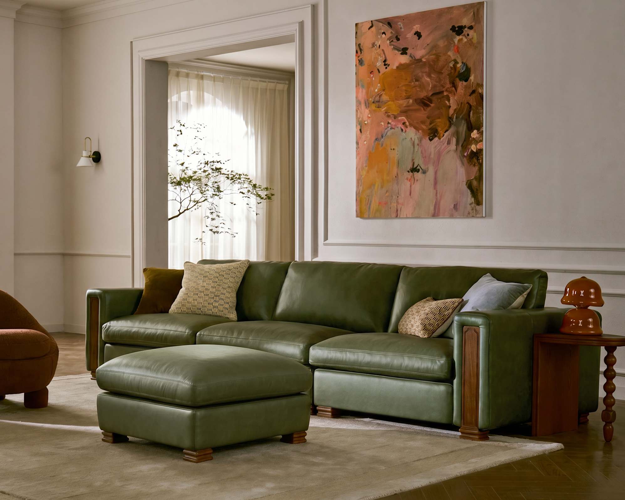 Tan France Kagan Leather Extended Sofa with Ottoman 0