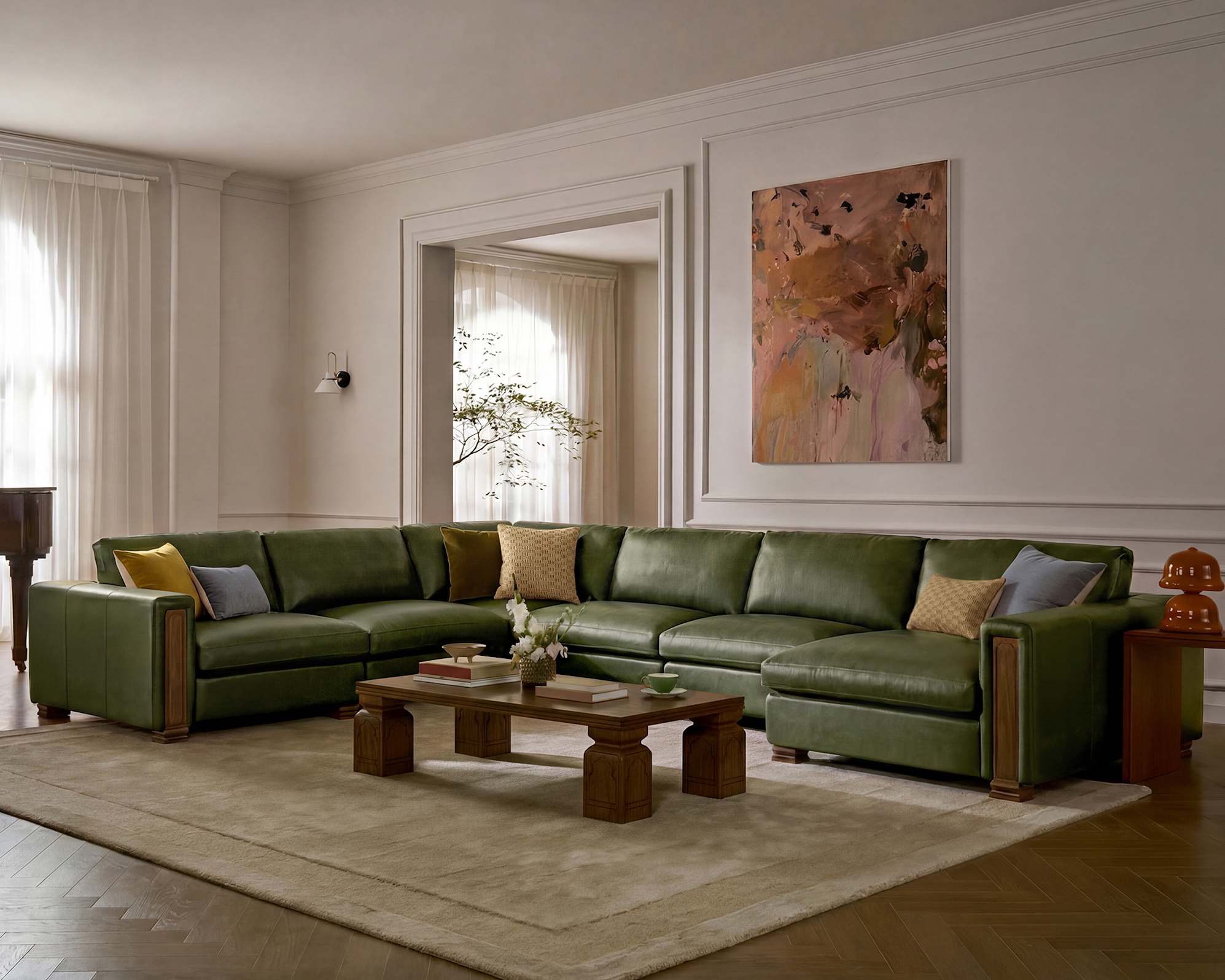 Tan France Kagan Leather 6-Piece L-Shaped Sofa with Right Chaise, (Lugano) Moss