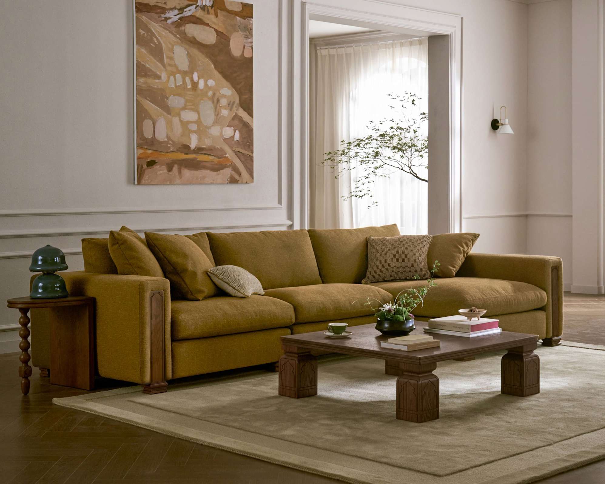 Tan France Kagan 3-Piece Chaise Sofa Right Facing, (Basketweave) Caramel
