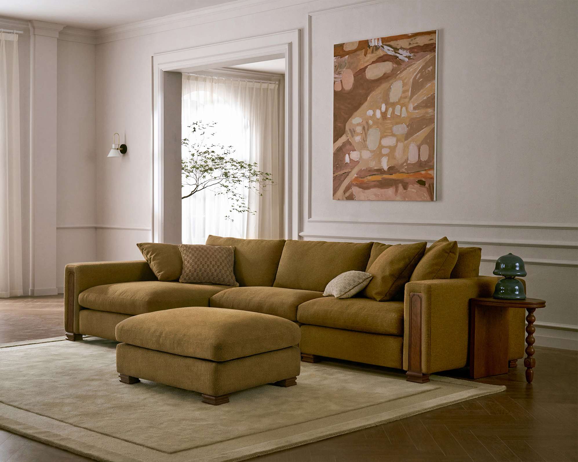 Tan France Kagan 3-Piece Chaise Sectional Sofa with Ottoman 0