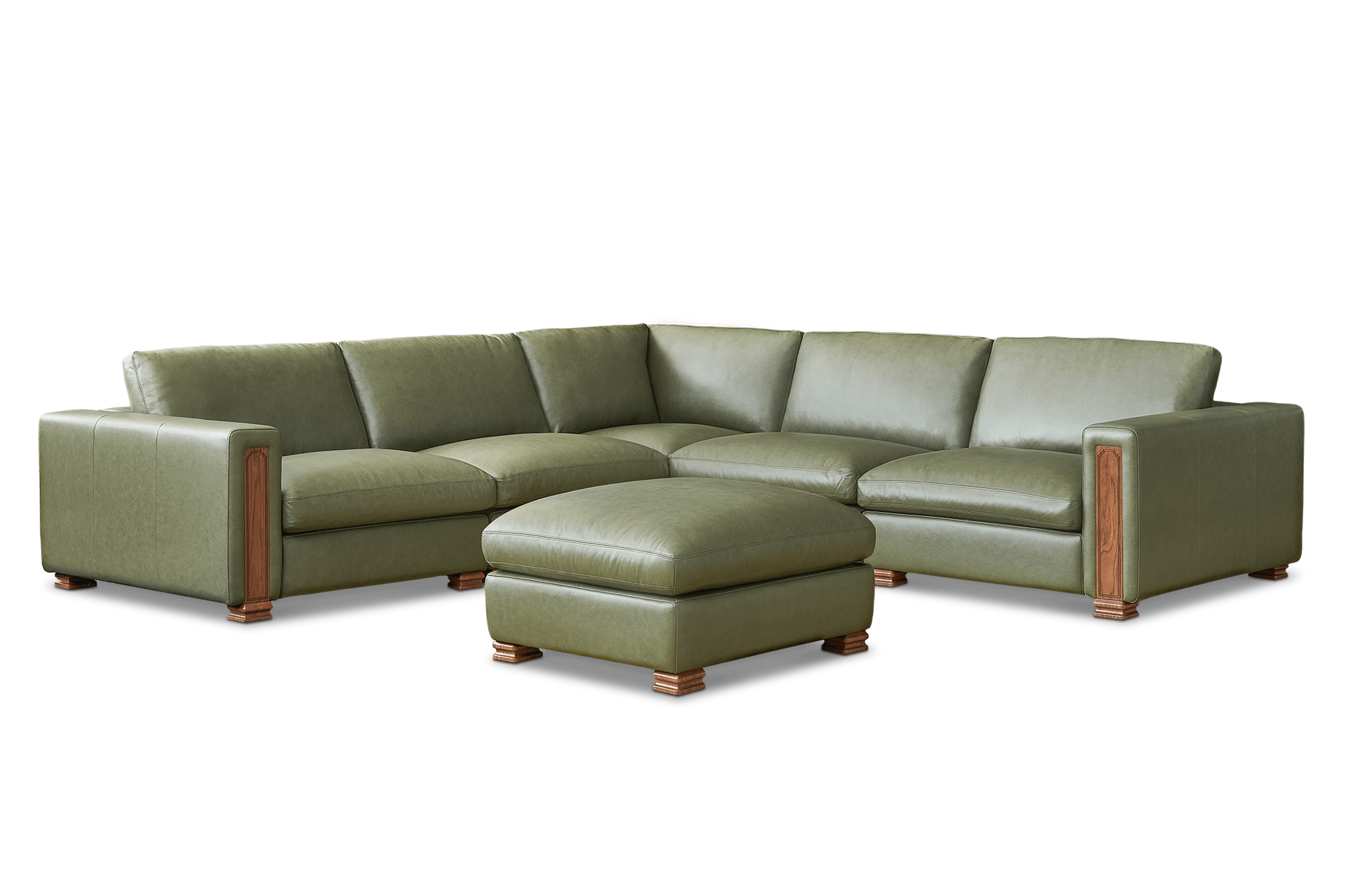 Tan France Kagan Leather 5-Piece L-Shaped Sofa with Footstool, (Lugano) Moss